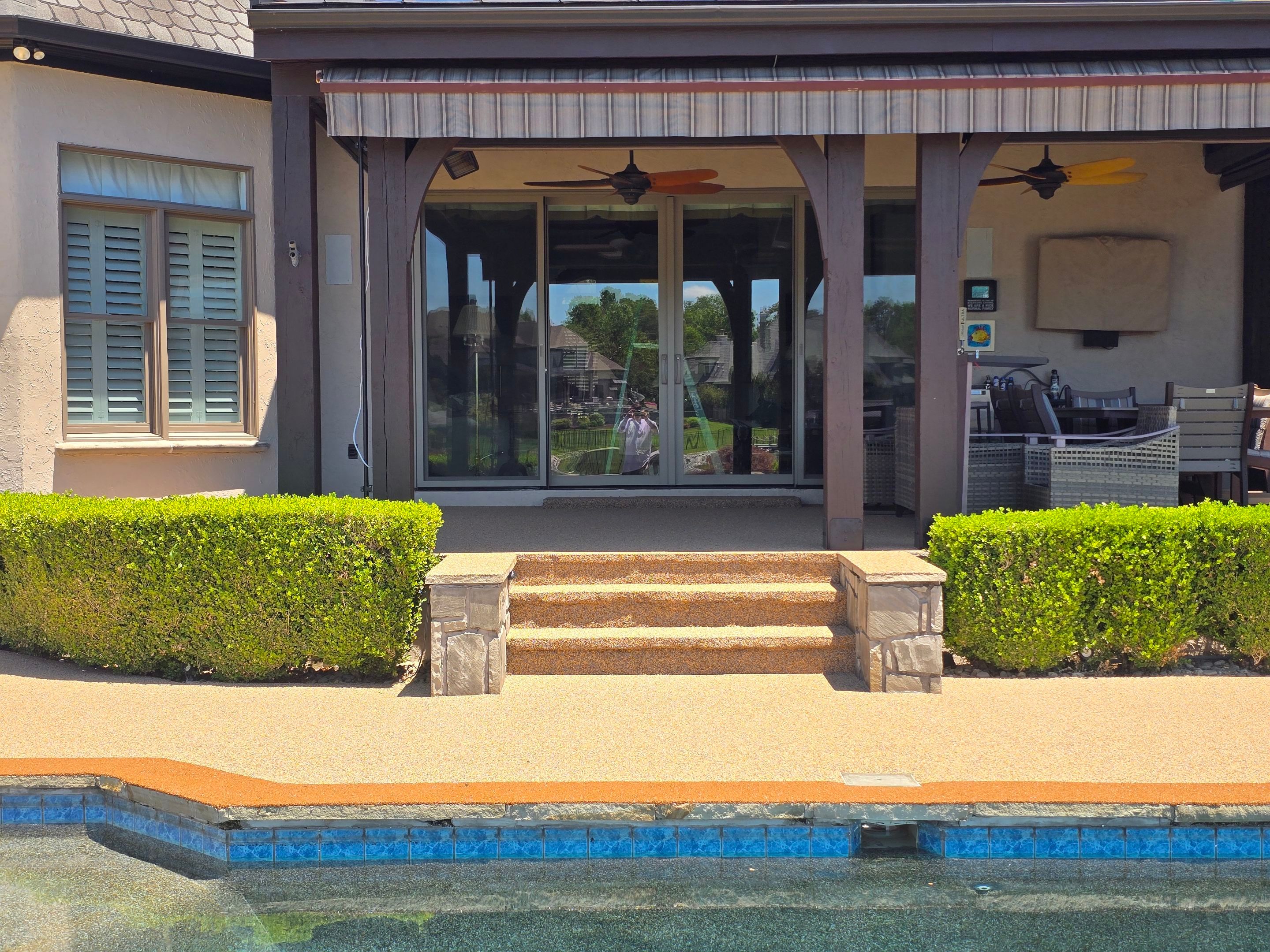 Lakeside Pool Resurface — Sandstone Rubaroc® with Medium Brown Border by Elite Floor Solutions