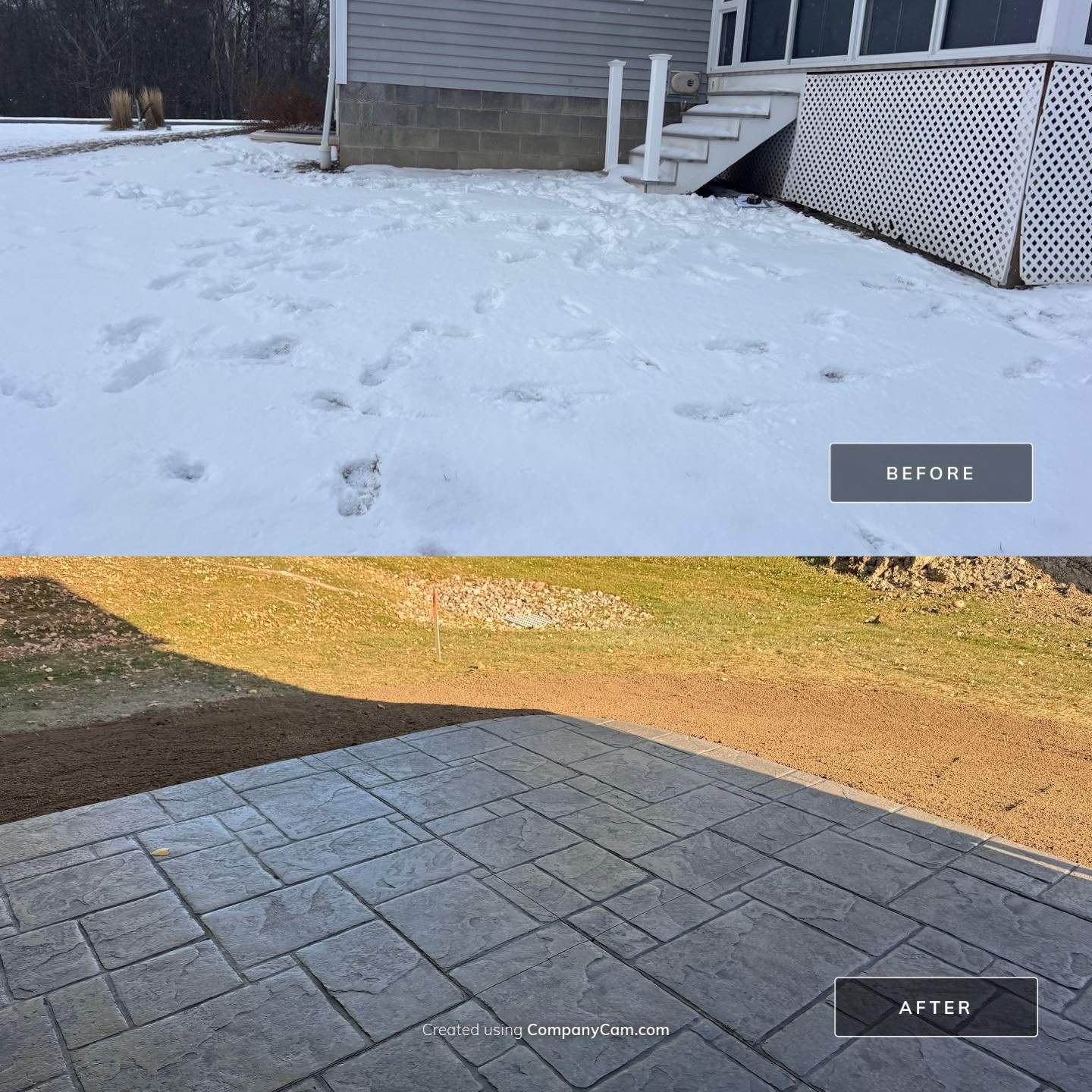 Stamped English Rivenstone concrete patio and sidewalks  by NG Masonry & Construction LLC