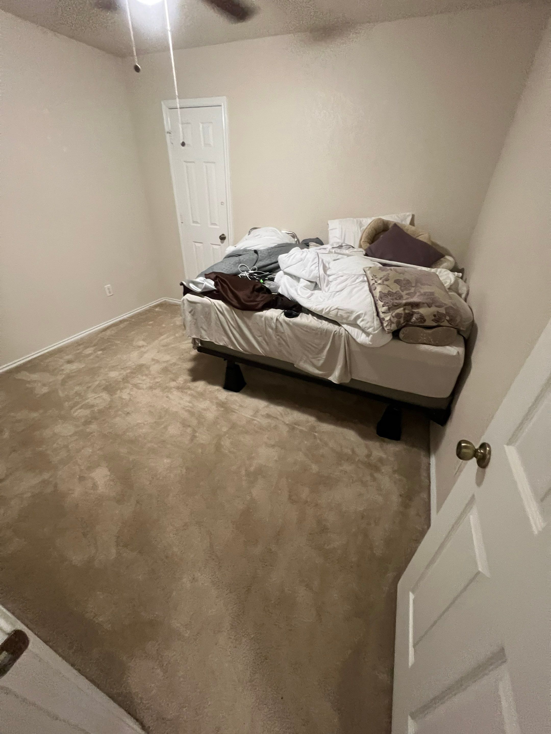 the service shown is carpet cleaning in a bedroom with a bed and clutter on top of it