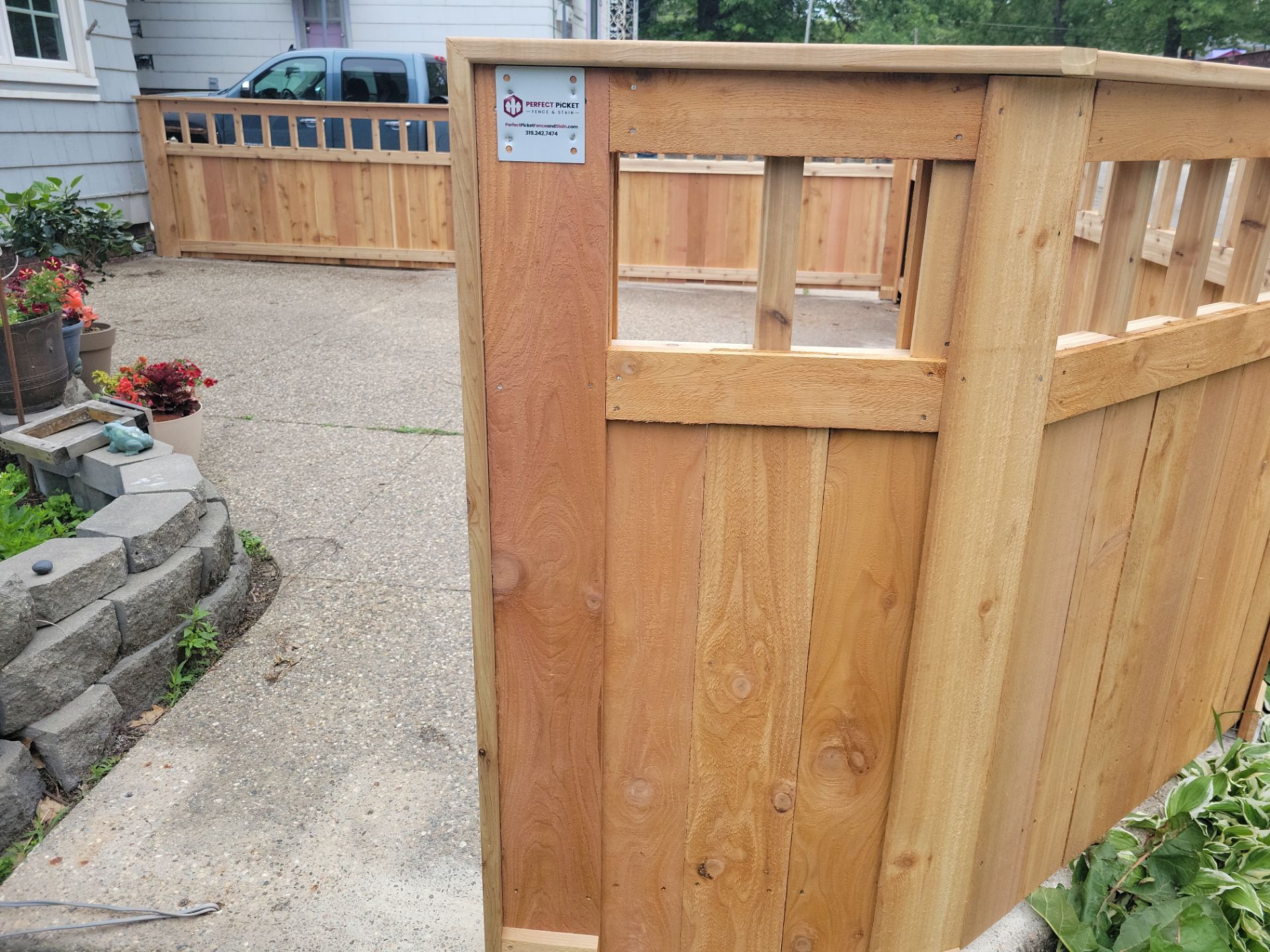 Custom Cedar Patio Fence in Waterloo by Perfect Picket Fence and Stain