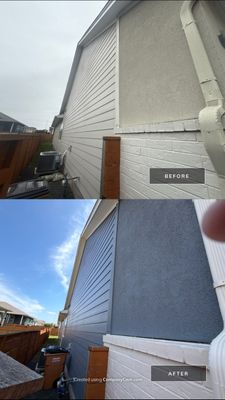 Before and after photo of a stucco garage area repainted by Hill Country Painting in Austin, TX