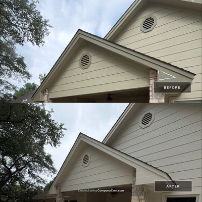 Before and after photo of a front porch gable repainted by Hill Country Painting in Briarcliff, TX