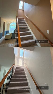 Before and after photo of a stairwell repainted by Hill Country Painting in Austin, TX