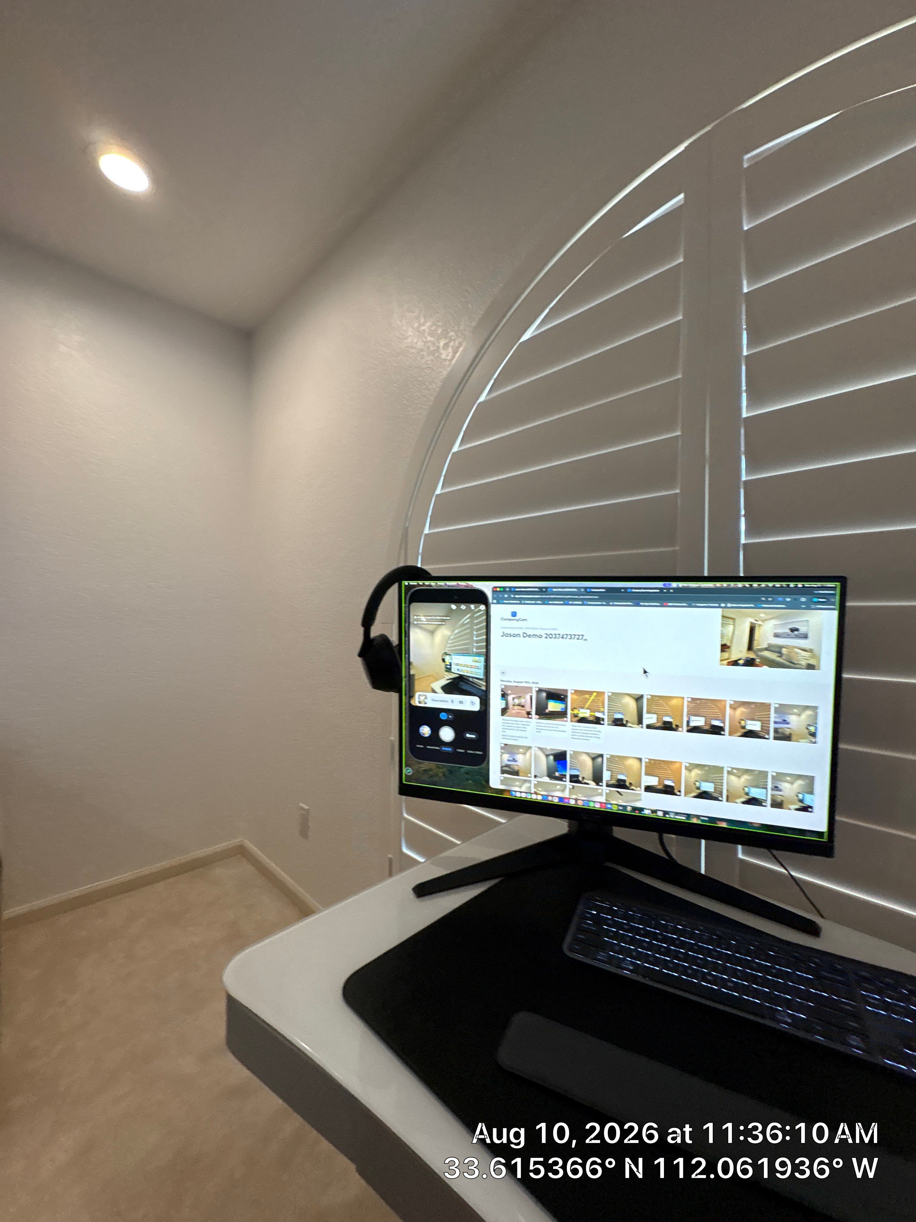 Home Office Setup with Arched Plantation Shutters in Phoenix by CompanyCam Sales Demo