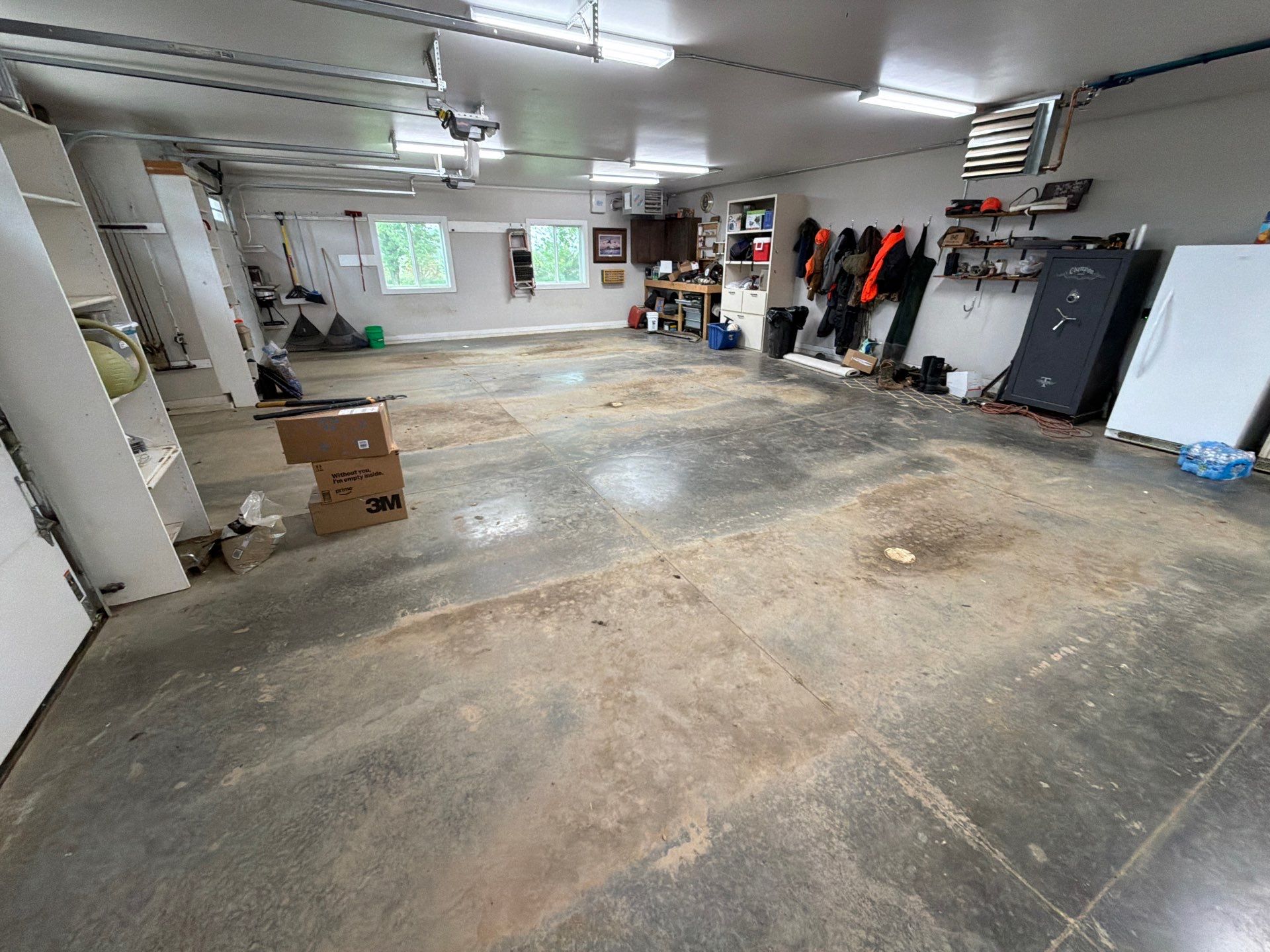 Grey Speckled Polyuera Garage Floor Coating for Hartford Three-Car Garage by Select Painting, Coatings & Garage Cabinets