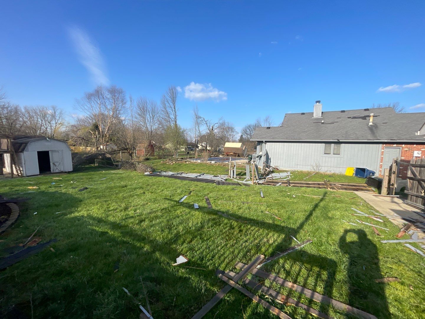 Tornado damage in Whiteland. Roof replacement, James Hardie siding, exterior paint, gutters, windows, doors by 317 Roofing & Restorations