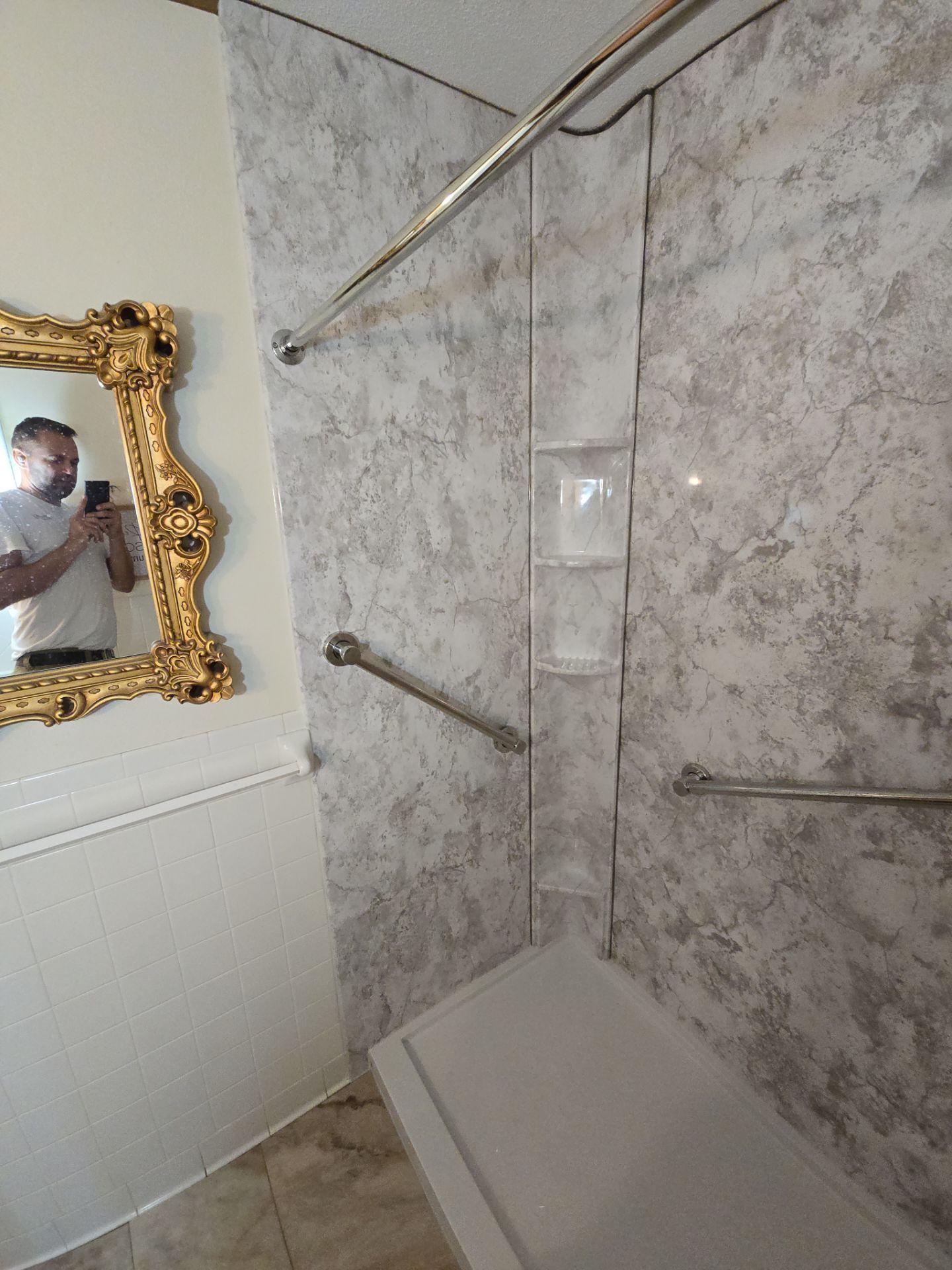 Tub to Shower , flooring, and countertop by The Shower Company