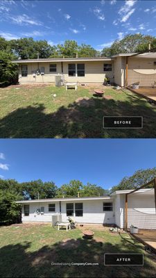 Before and after photo of a full exterior house repaint by Hill Country Painting in Austin, TX