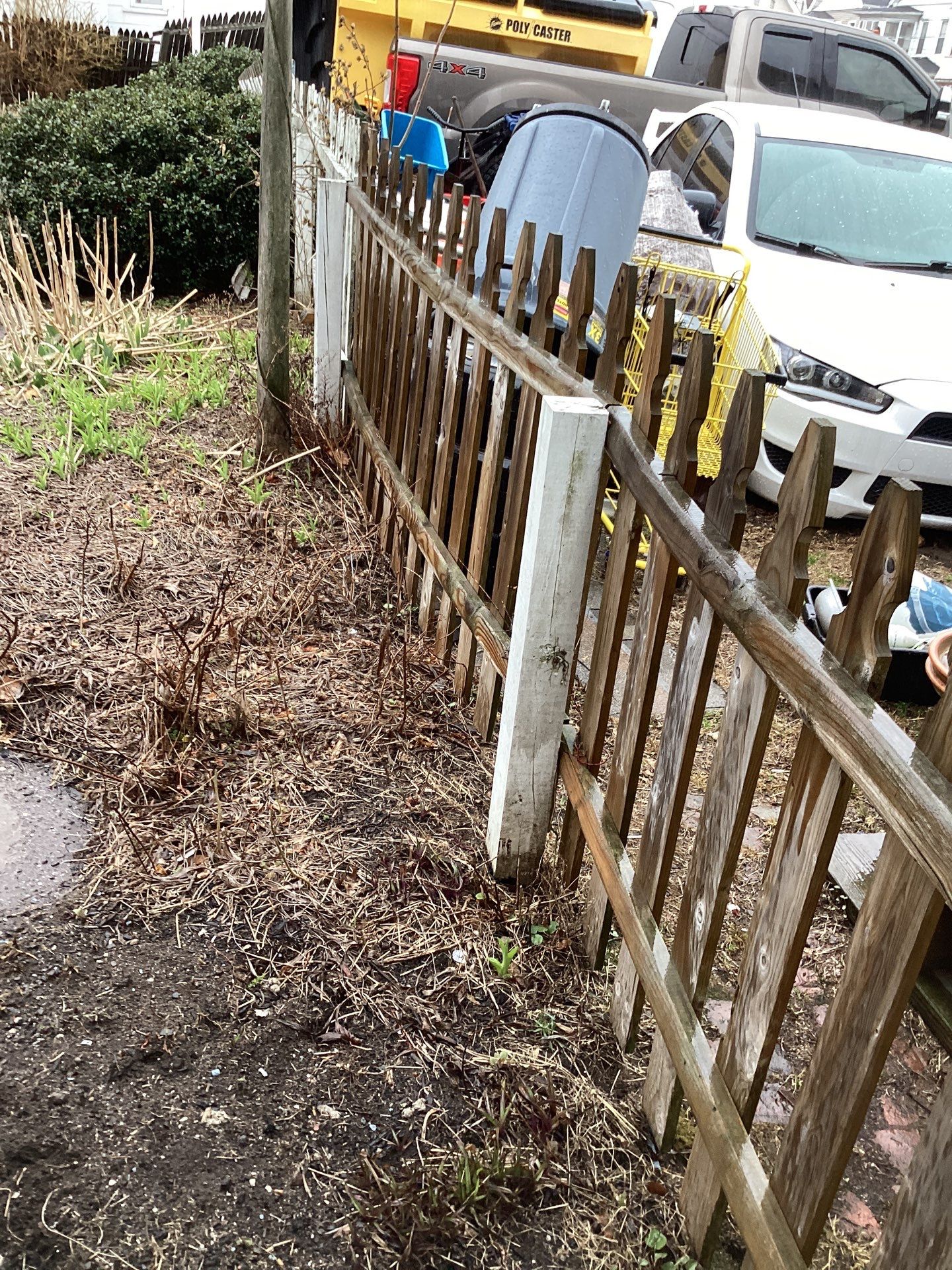 Fence replacement with white Vinyl privacy fence. by DiGiorgi Roofing and Siding Inc