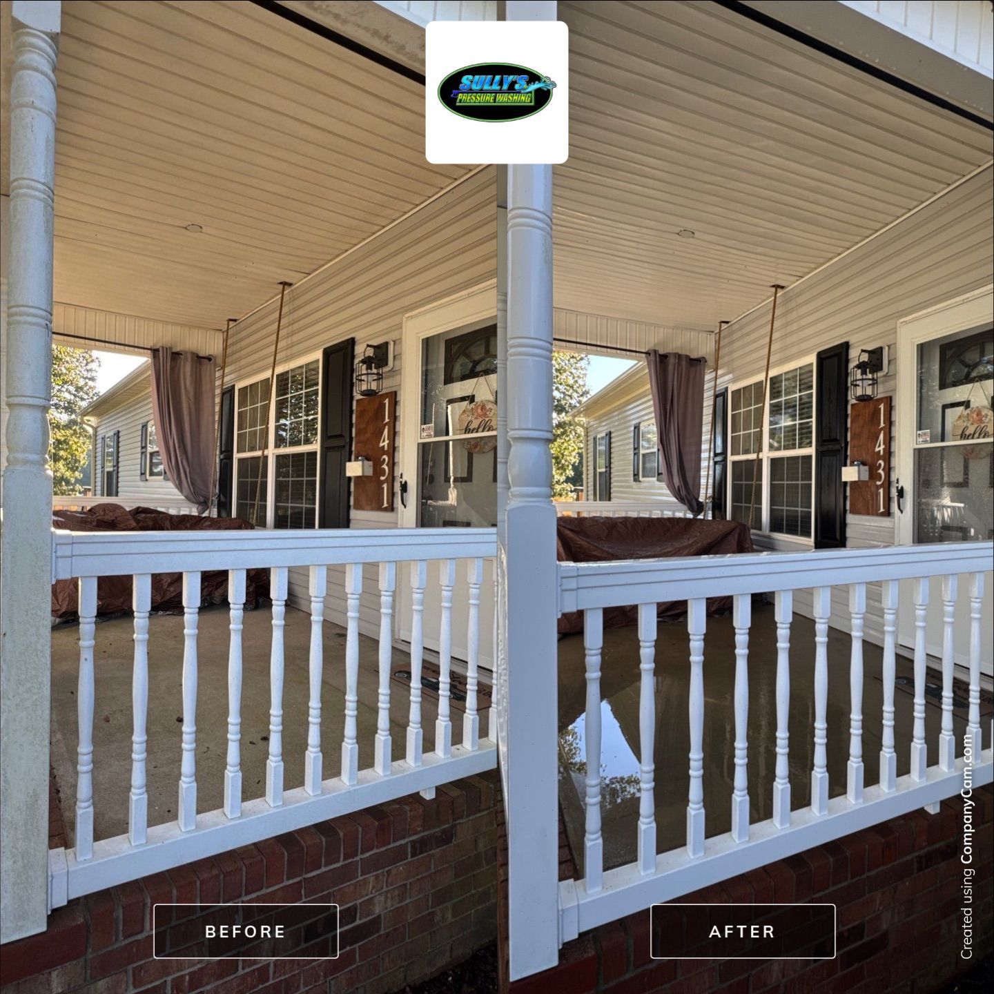 the service shown is cleaning of a porch railing and floor using pressure washing techniques to remove grime and dirt