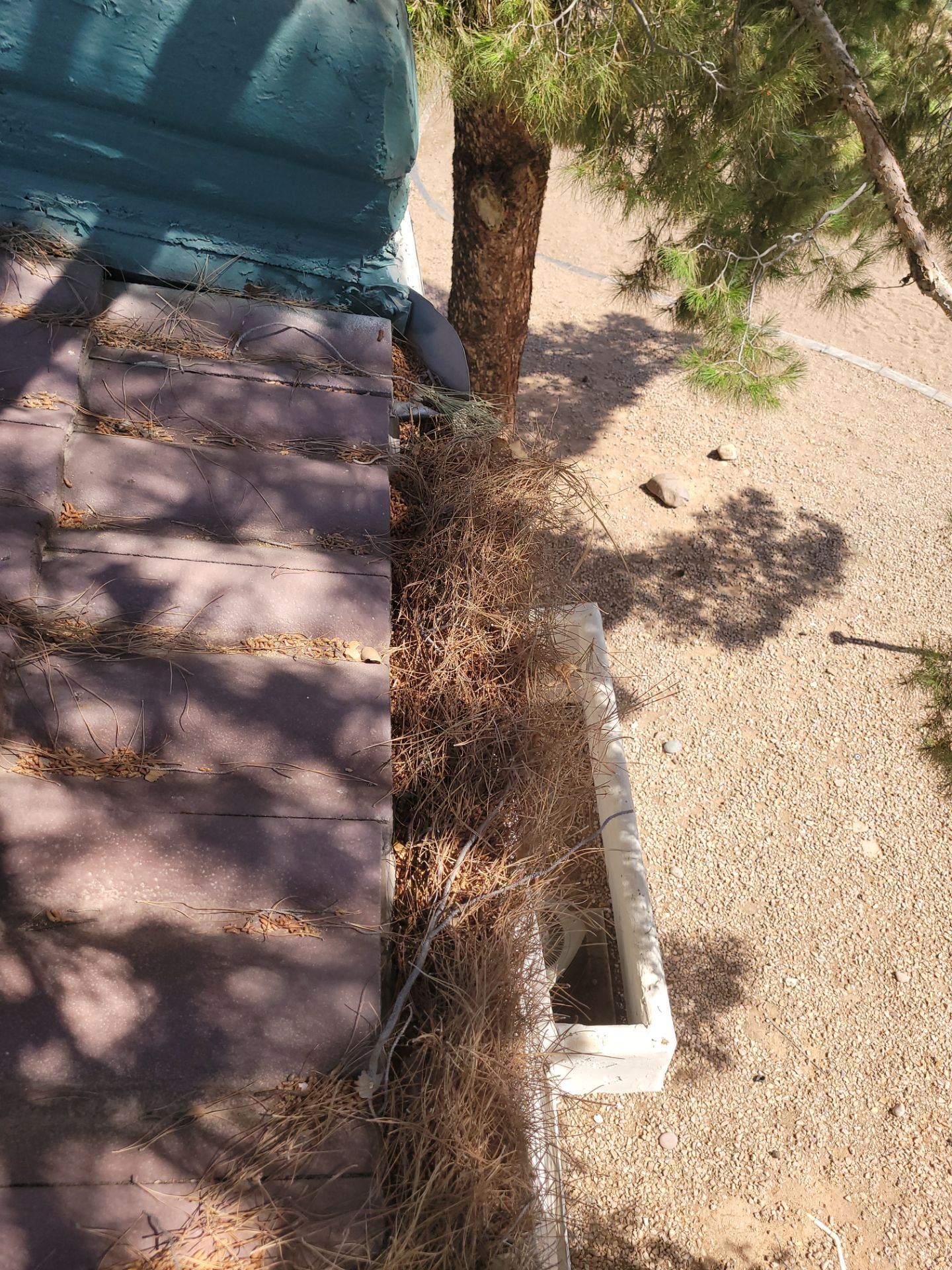 Commercial gutter cleaning Scottsdale & Tempe before photo with filled gutters
