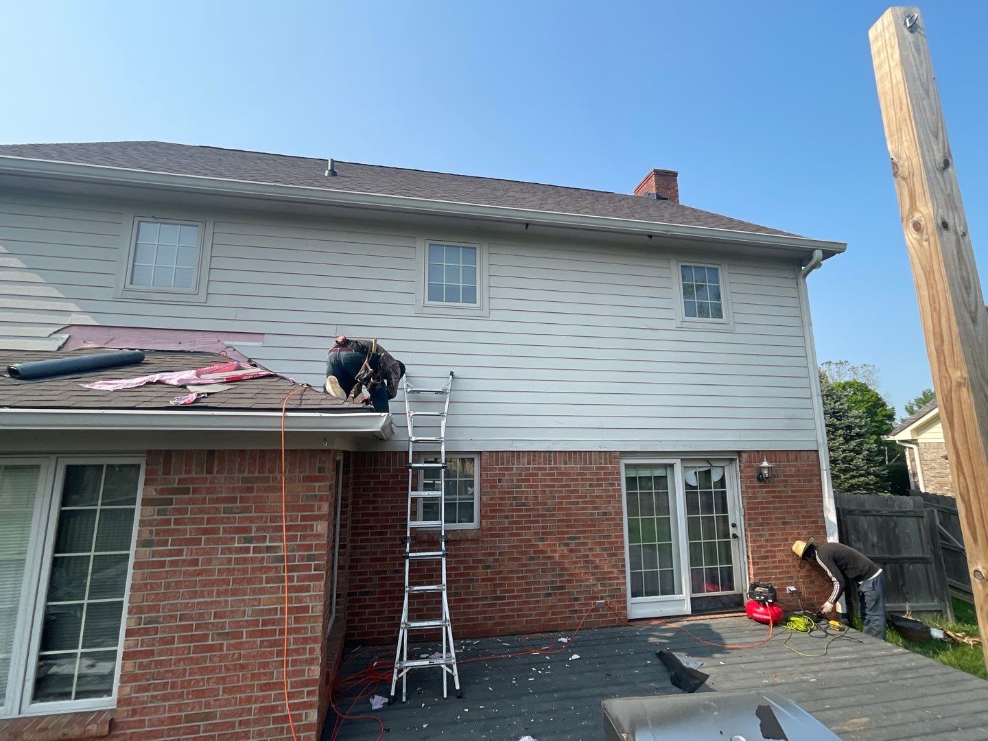 Tornado damage in Whiteland. Roof replacement, James Hardie siding, exterior paint, gutters, windows, doors by 317 Roofing & Restorations