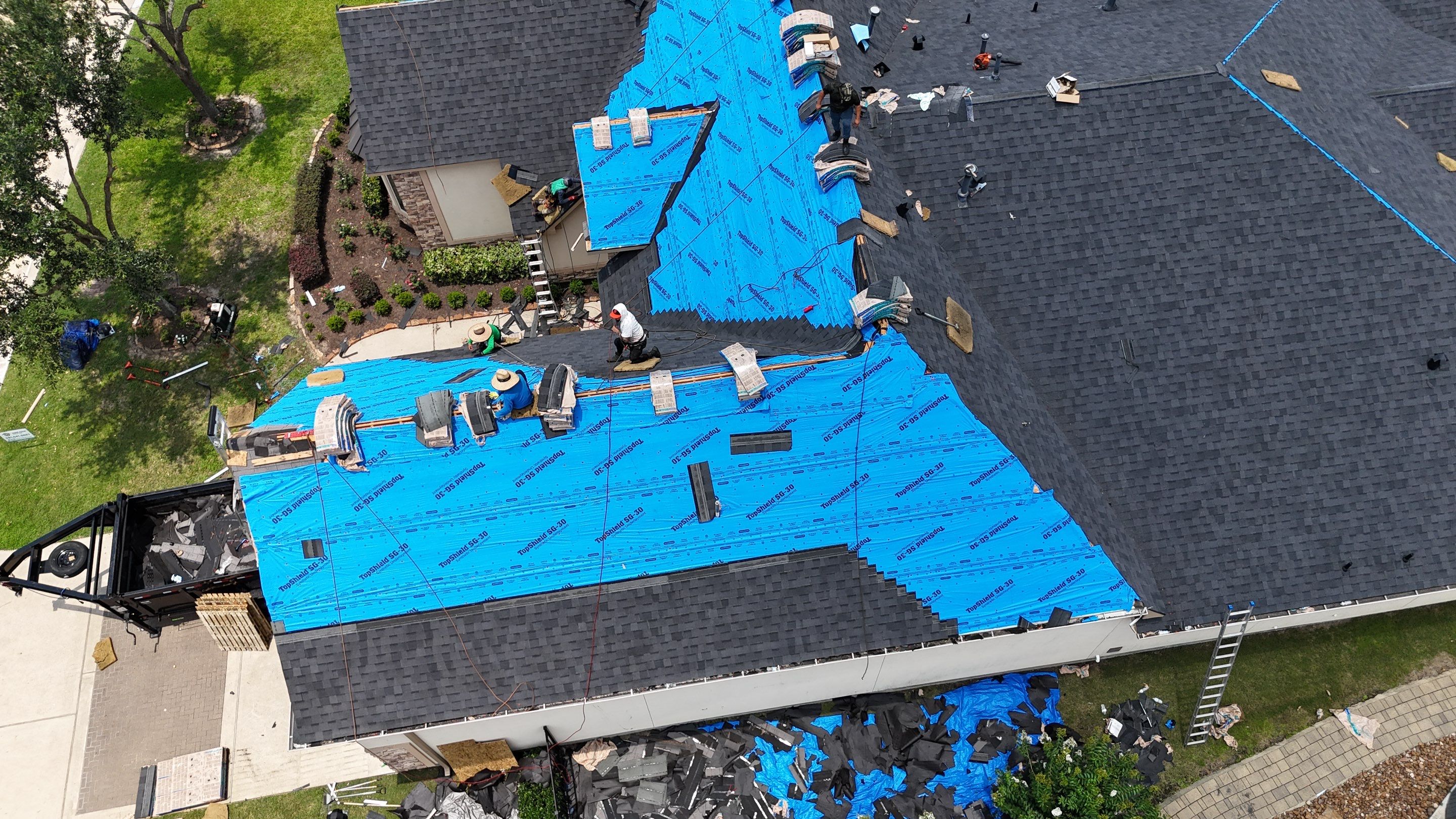 Residential Roofing Installation using Certainteed Landmark after last year's tornado in Cypress by Core Four Roofing