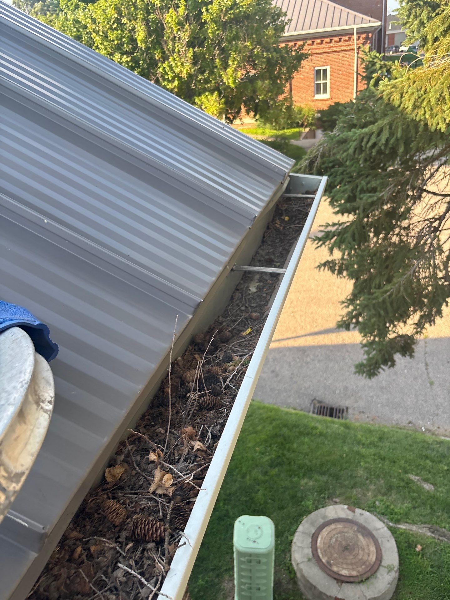 Industrial roof & gutter cleaning before.
