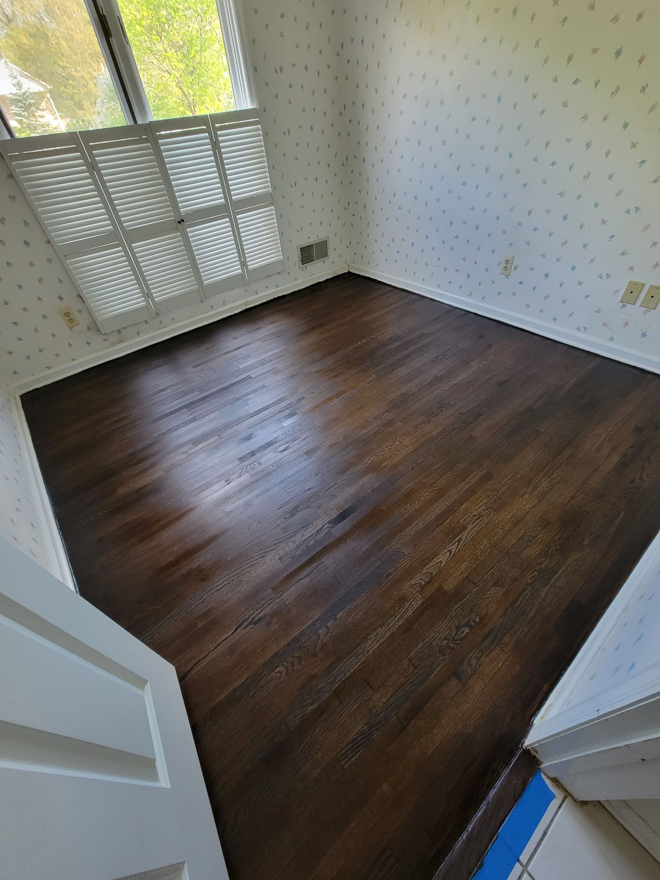 Red Oak refinished with DuraSeal Jacobean Stain and Bona Semi Gloss by Footprints Floors Morristown