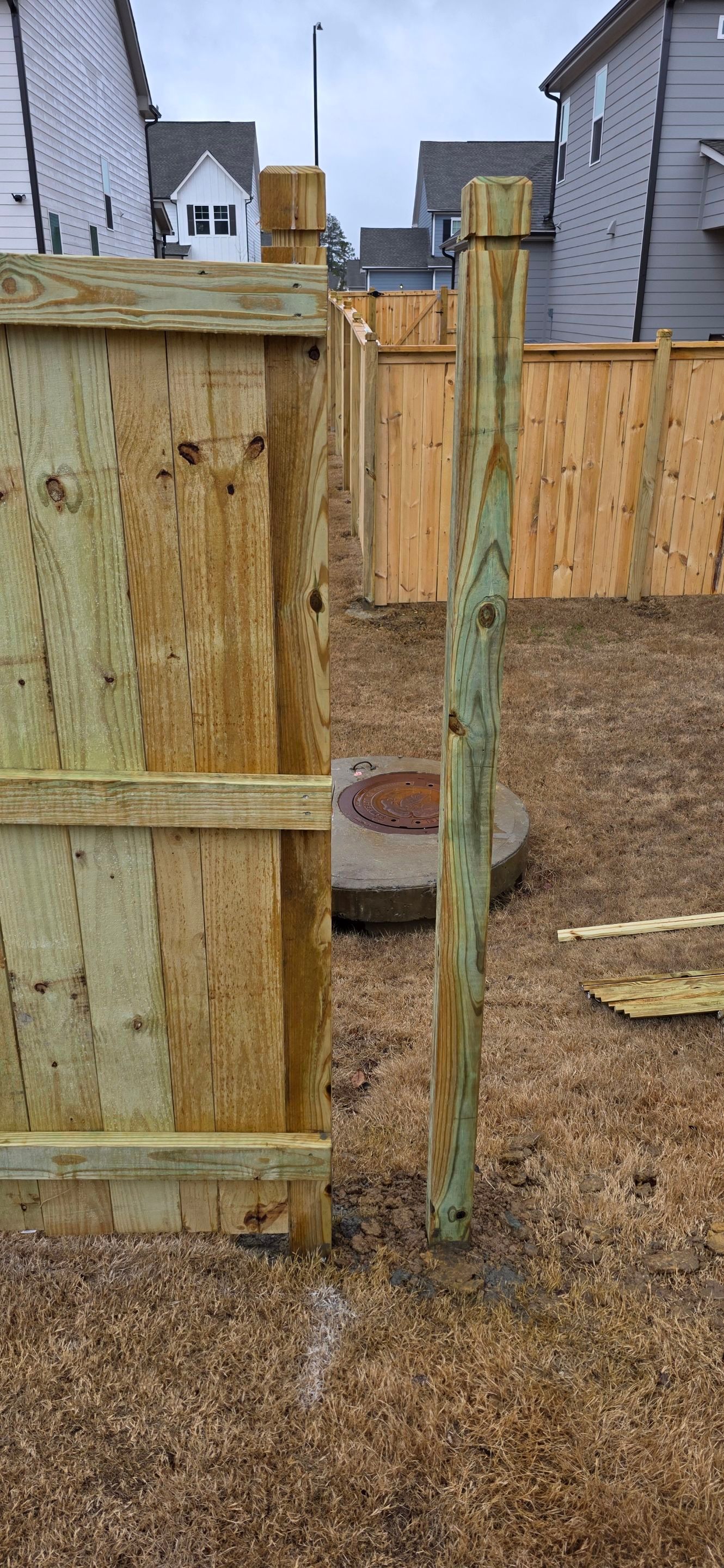 Fence Installation of Capped Wood Privacy with dado cut posts by Titans of Timber Fence & Stain