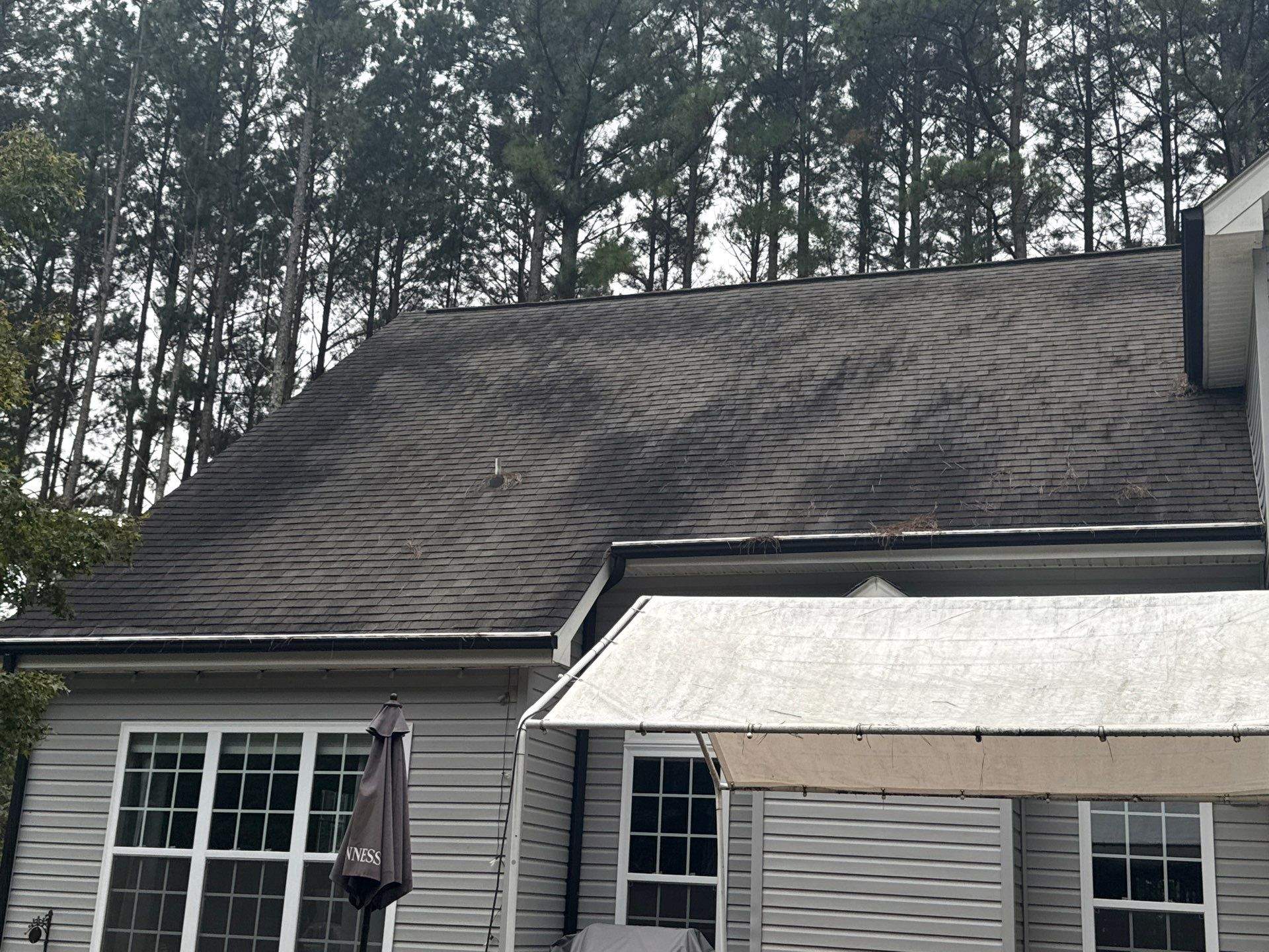 the service being done is roof cleaning to remove dirt and debris from the shingles and improve appearance