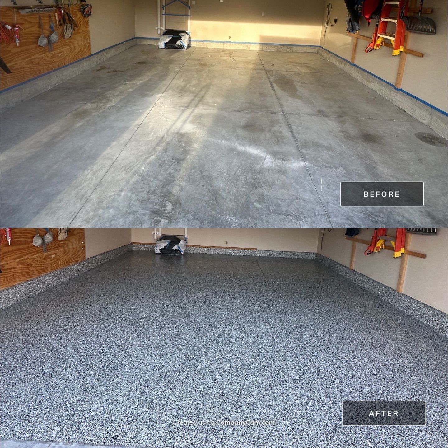 2 Stall Garage - Epoxy with Domino Flake by Goat Coatings