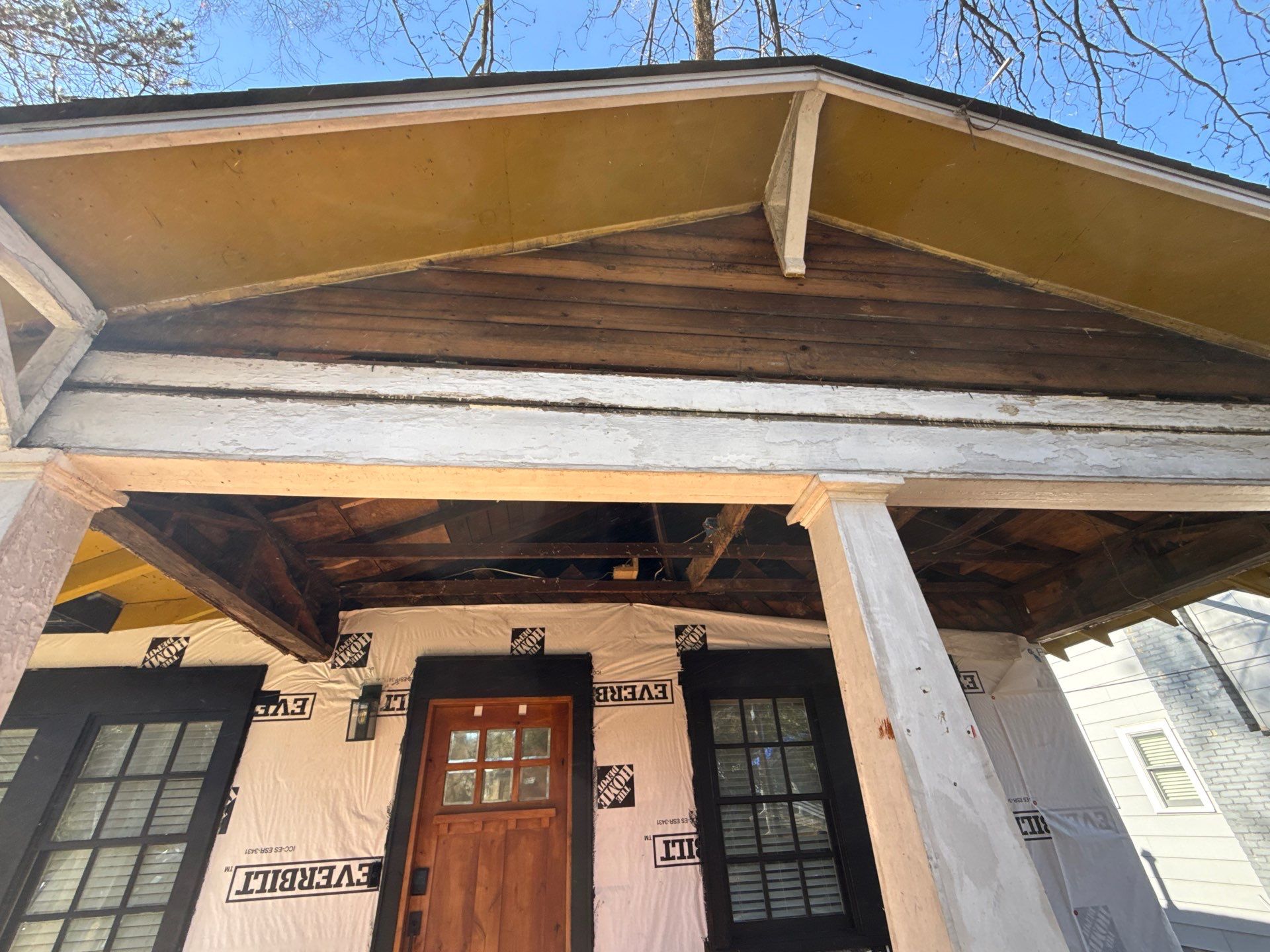 Cedar Tongue & Groove Porch Ceiling Installation Plus James Hardie Siding Replacement by Nelson Exteriors 