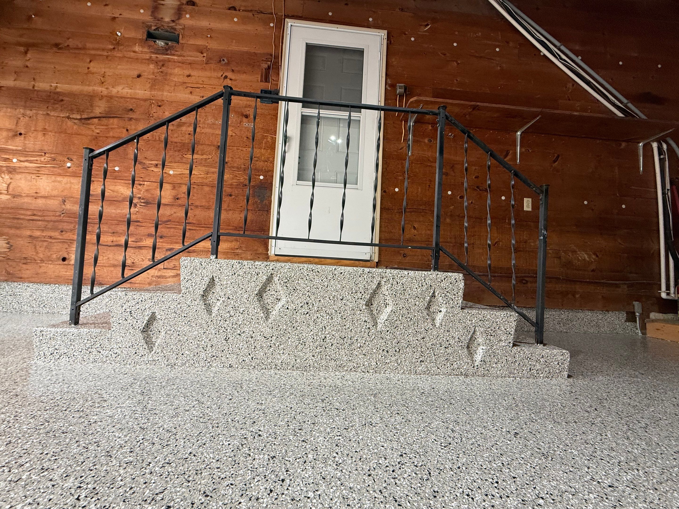 Multi-Colored Epoxy Garage Floor Coating and Concrete Stair Restoration by Select Painting, Coatings & Garage Cabinets