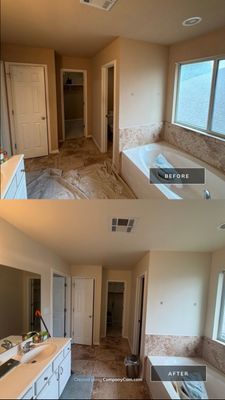 Before and after photo of a master bathroom repaint by Hill Country Painting in Cedar Park, TX