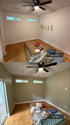 Before and after photo of a bedroom repainted by Hill Country Painting in Austin, TX