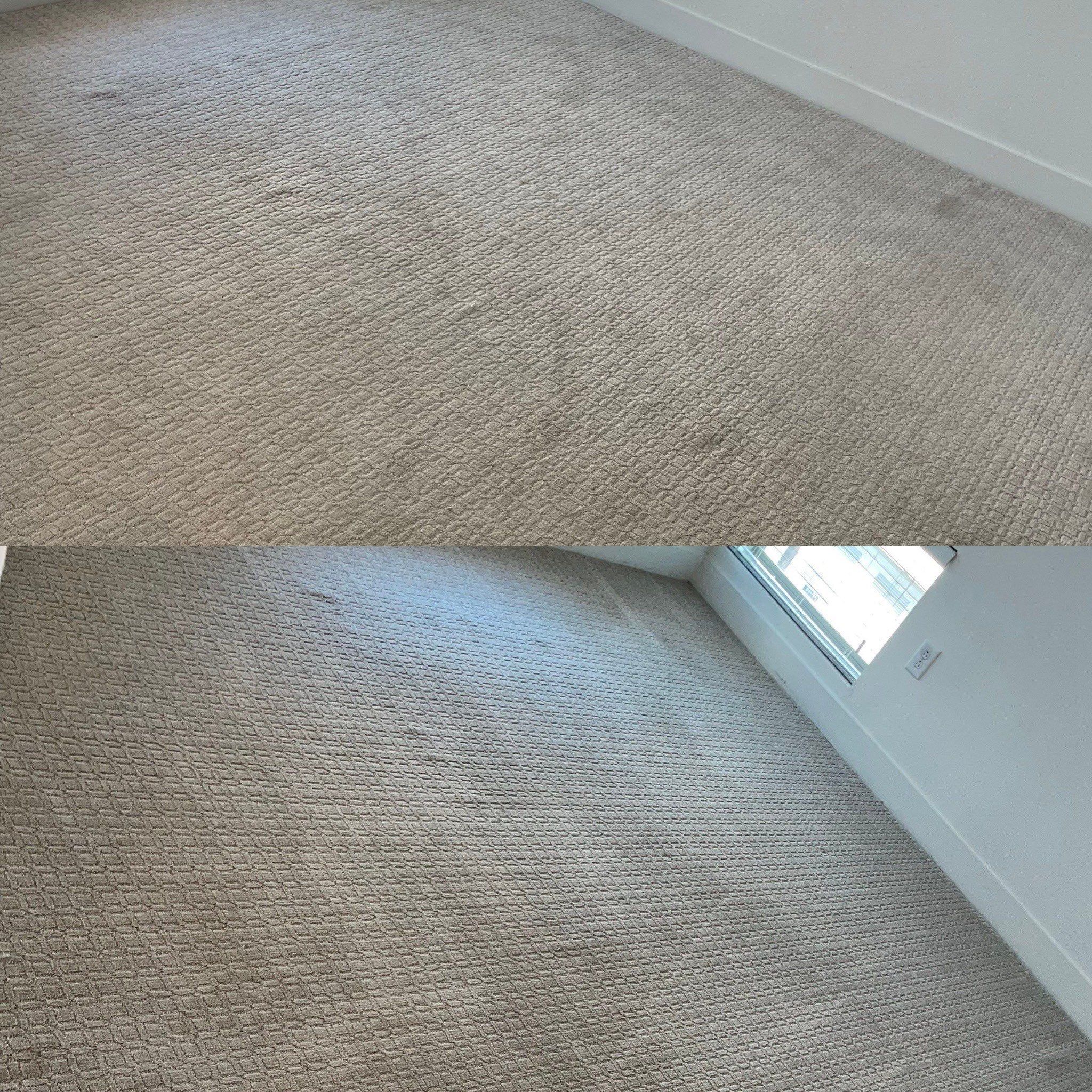 before and after carpet cleaning showing stain removal and overall cleaning of the carpeted floor