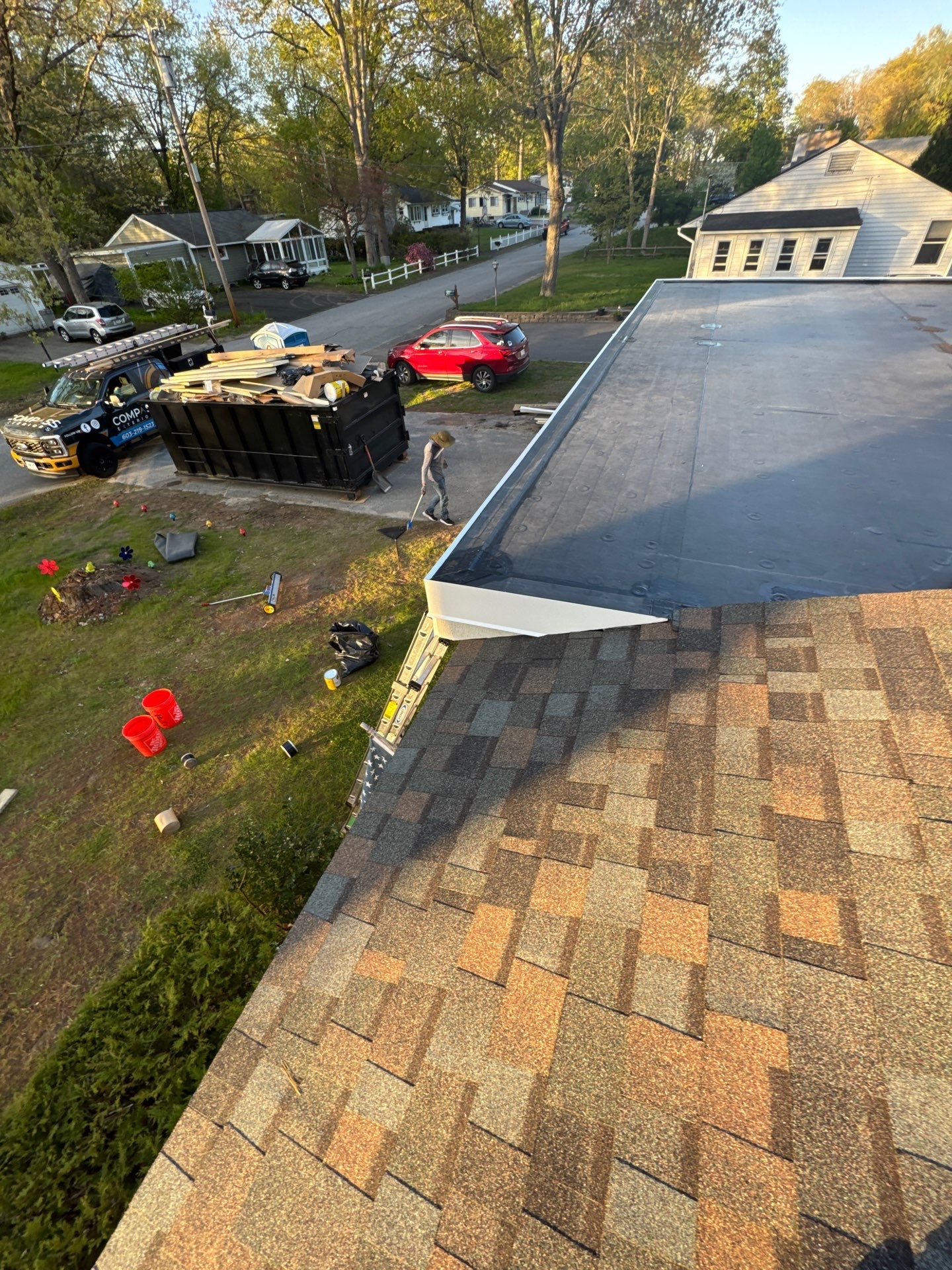Hybrid Roof Replacement in Merrimack, NH | Owens Corning Duration Aged Copper Asphalt Shingles & EPDM Rubber Roof Installation by Compass exteriors