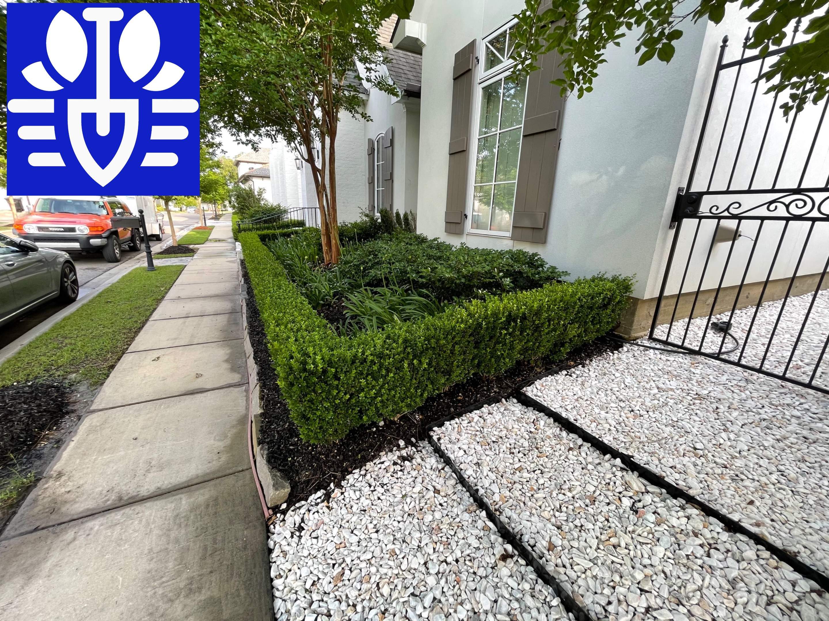 LANDSCAPE SERVICES using MARBLE CHIPS and METAL EDGING by CutScape, LLC.