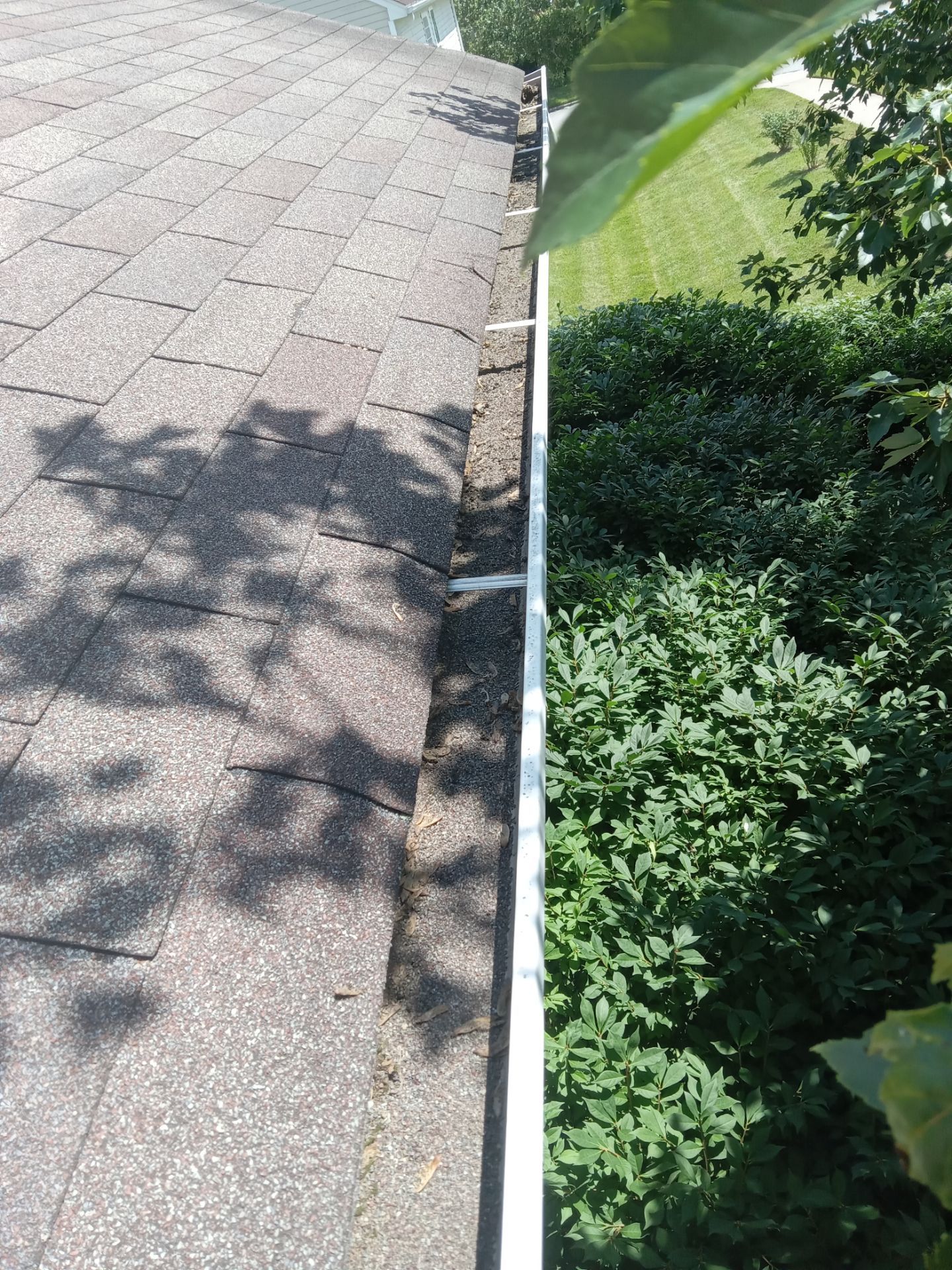 the image shows a close-up of a roof with shingles on the left and a gutter system on the right the gutters appear to be clogged with debris such as leaves and twigs which is a common issue that can impede proper water drainage from the roof the pressure washing company is likely providing gutter cleaning services which involve removing the debris from the gutters and downspouts to ensure they function correctly this maintenance is important for protecting the structural integrity of the house reducing the risk of water damage and prolonging the life of the roof and gutter system the service may include the use of pressure washing equipment or manual tools to clear out the material blocking the gutters