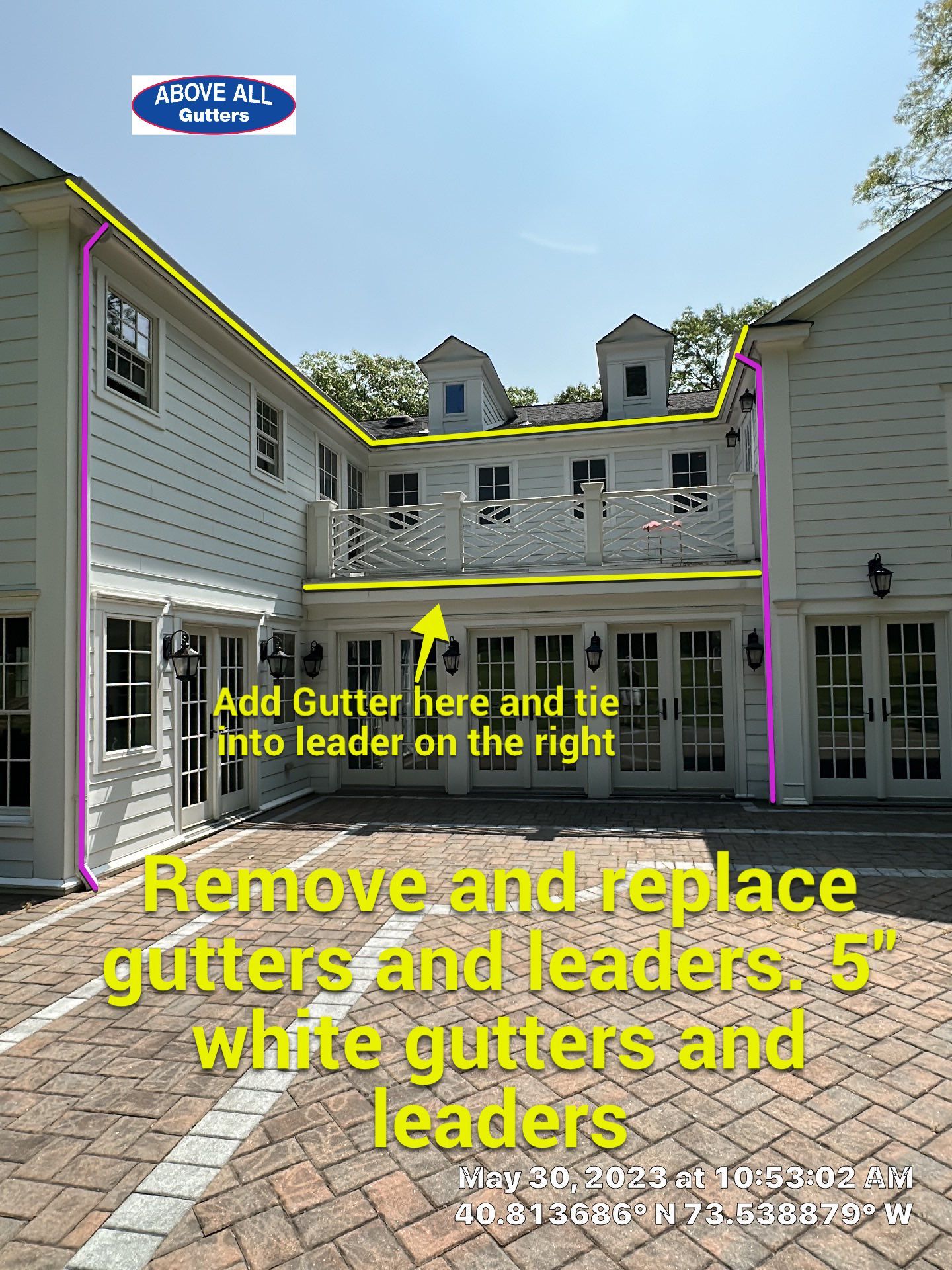 Gutter Installation using 5"white K style seamless gutters and 2x3 white leaders by Above All Gutters 