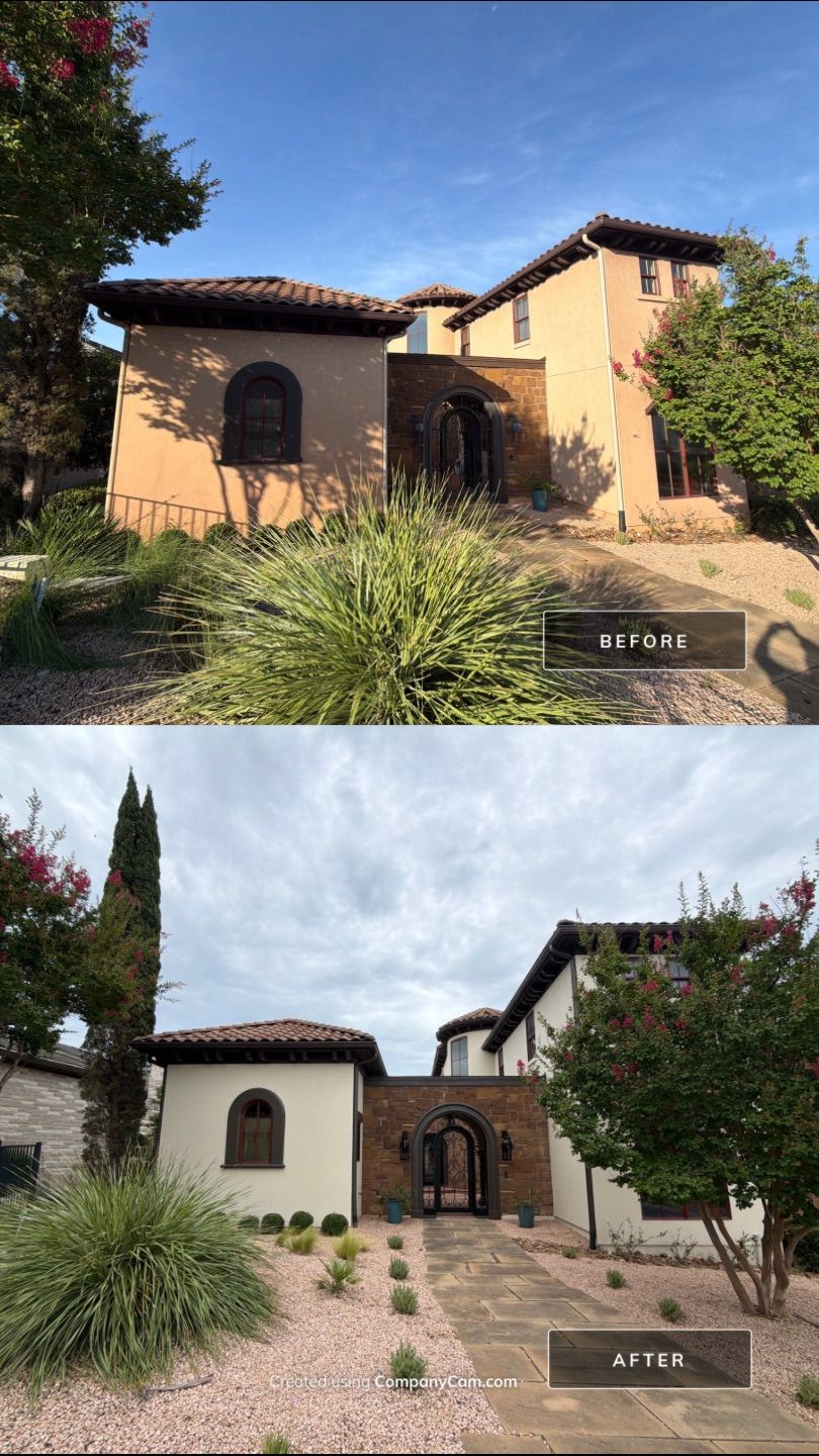 Before and after photo of a courtyard entry repainted by Hill Country Painting in Lakeway, TX
