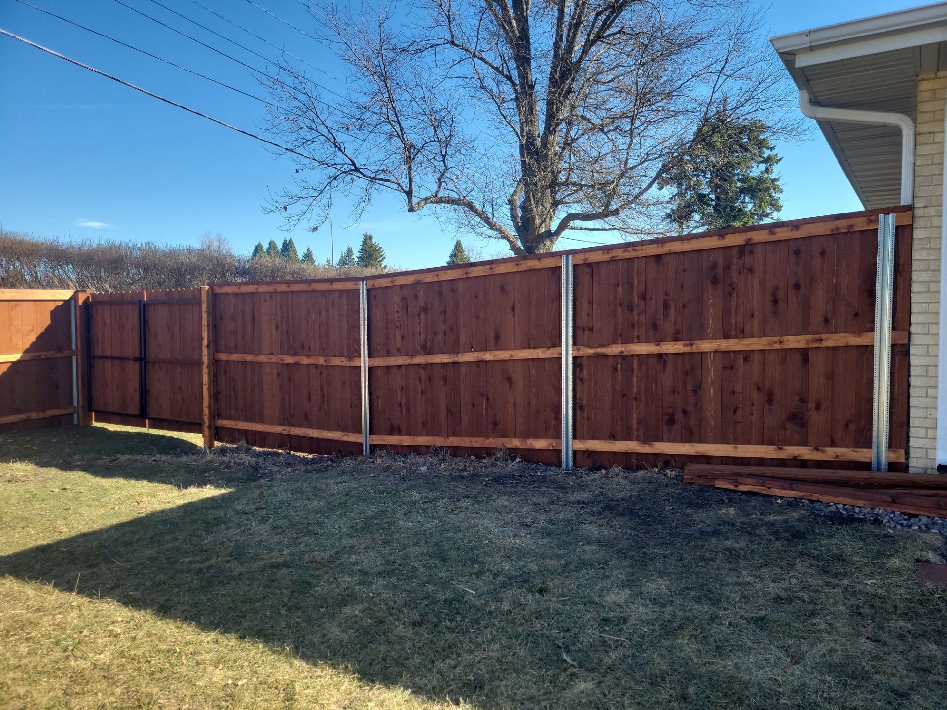 Custom Cedar Wood Privacy Fence with Double Gates and Integrated Planter Mailbox by Perfect Picket Fence and Stain