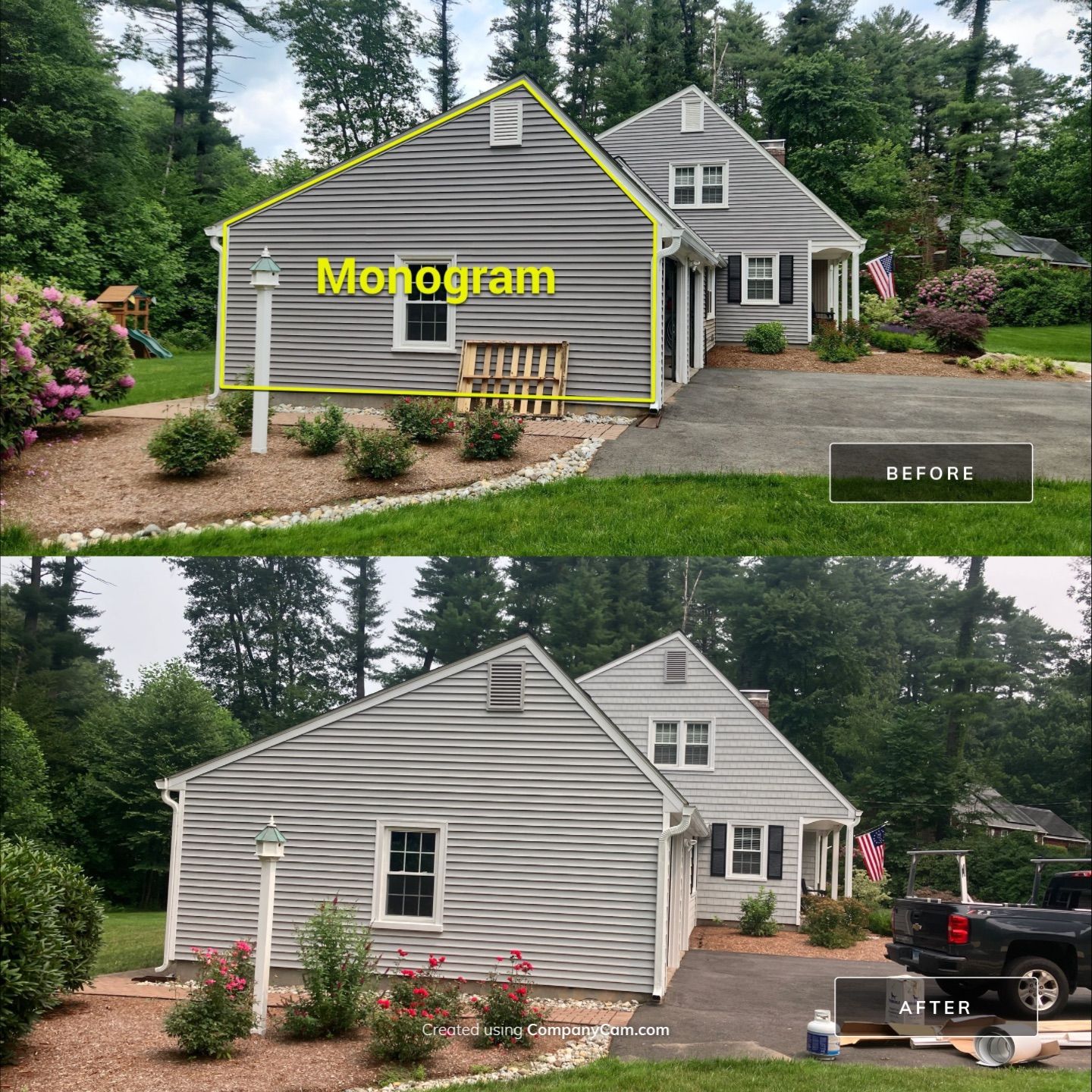 Siding Transformation with Cert Cedar Impressions D/7 Perfection Straight Bottom, Sterling Gray, and Cert Monogram D/4 x 12'6" Clapboard, Sterling Gray by DiGiorgi Roofing and Siding Inc