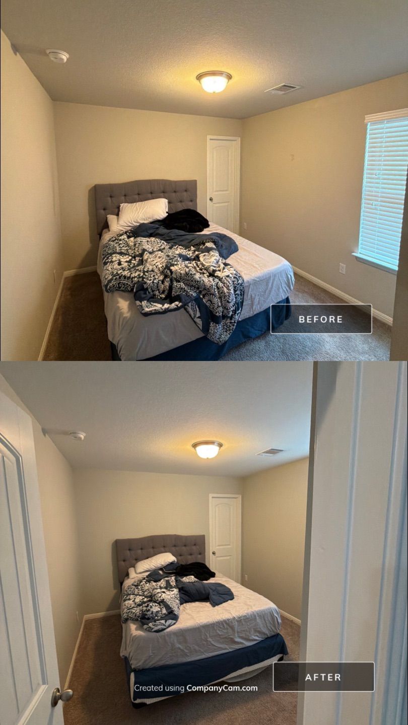 Before and after photo of a bedroom repainted by Hill Country Painting in Leander, TX