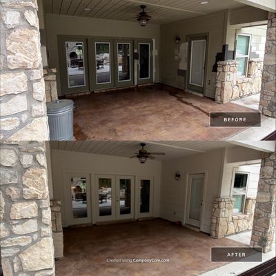 Before and after photo of a covered patio repainted by Hill Country Painting in Briarcliff, TX