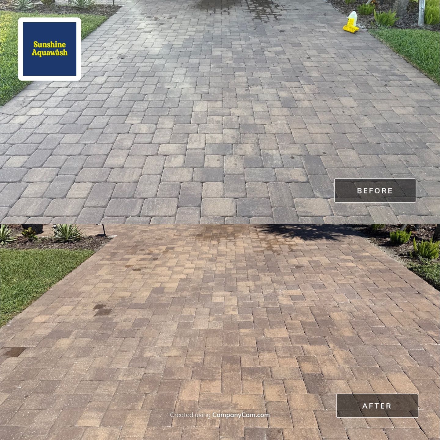 Oil Stain Removal on Paver Driveway | Esplanade at Artisan Lakes, Palmetto FL by Sunshine AquaWash