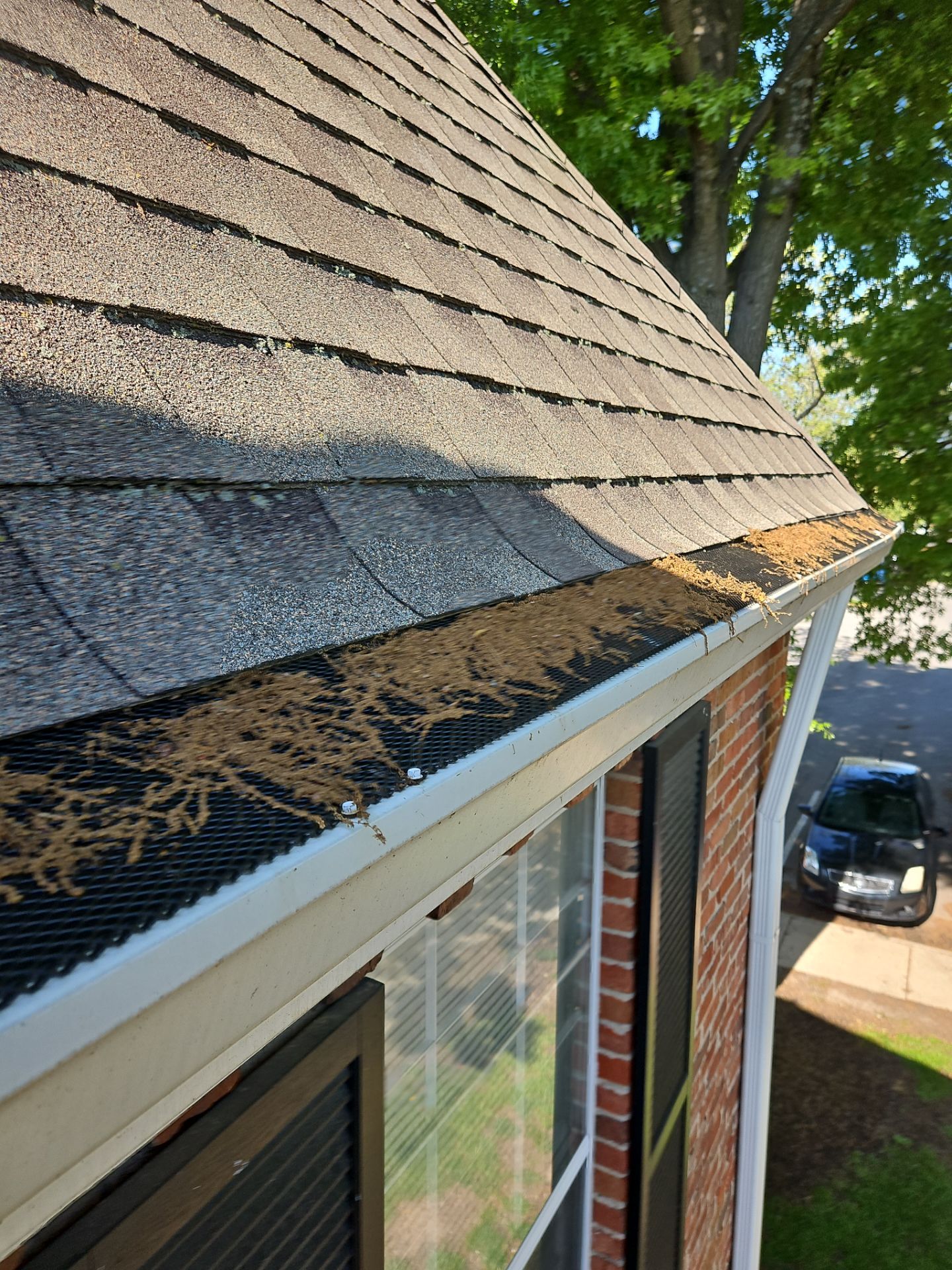 Commercial gutter cleaning Overland Park, KS before photo with filled gutters