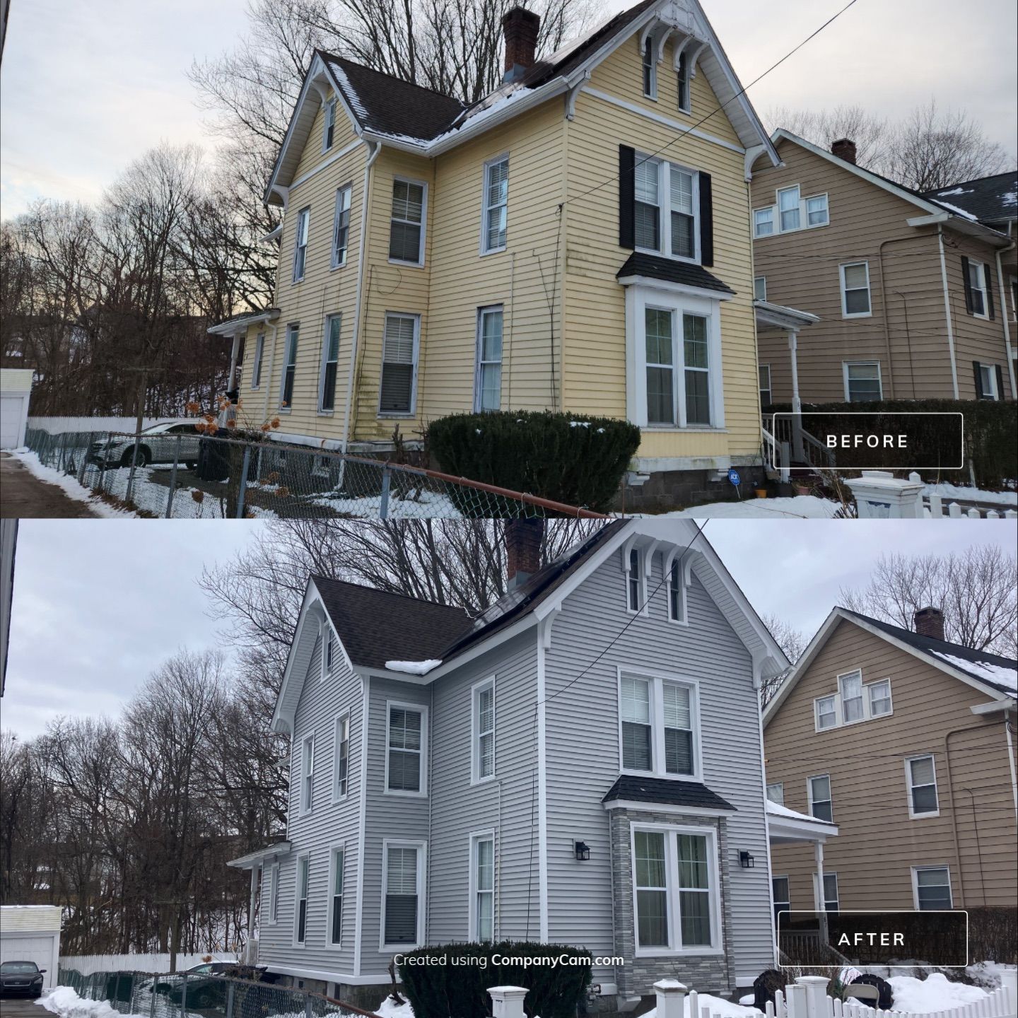 Siding & Stone Transformation with Cert. Monogram D/4 x 12'6" clapboard, Sterling Gray & Stone Facade, Glacier Bay by DiGiorgi Roofing and Siding Inc