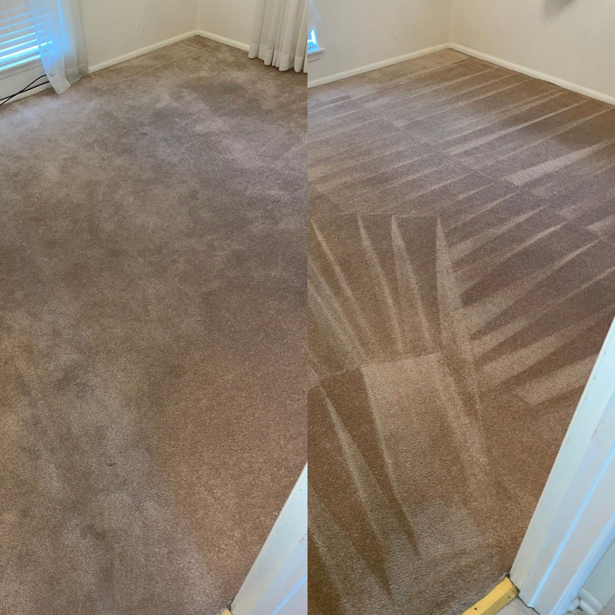 the photo shows a before and after of carpet cleaning service in a room the before image on the left shows a dirty and stained carpet while the after image on the right displays the carpet looking much cleaner with visible clean lines from where the cleaning equipment has passed over the surface cleaning methods likely involved vacuuming hot water extraction and possibly carpet shampooing to remove dirt and stains the carpet fibers appear refreshed and the overall color looks more uniform after the cleaning service has been performed