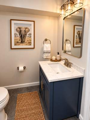 Modern Bathroom Remodel with Custom Corner Shower & Navy Vanity
