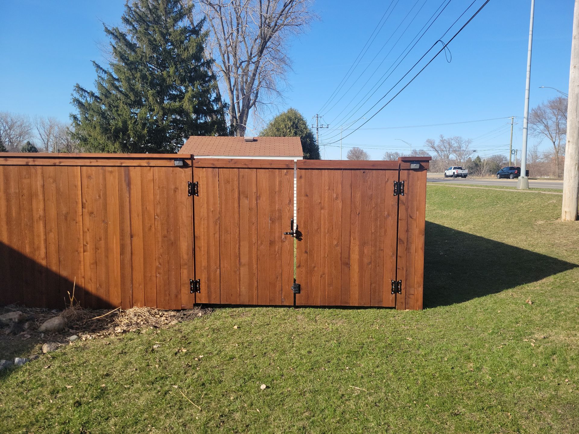 Custom Cedar Wood Privacy Fence with Double Gates and Integrated Planter Mailbox by Perfect Picket Fence and Stain