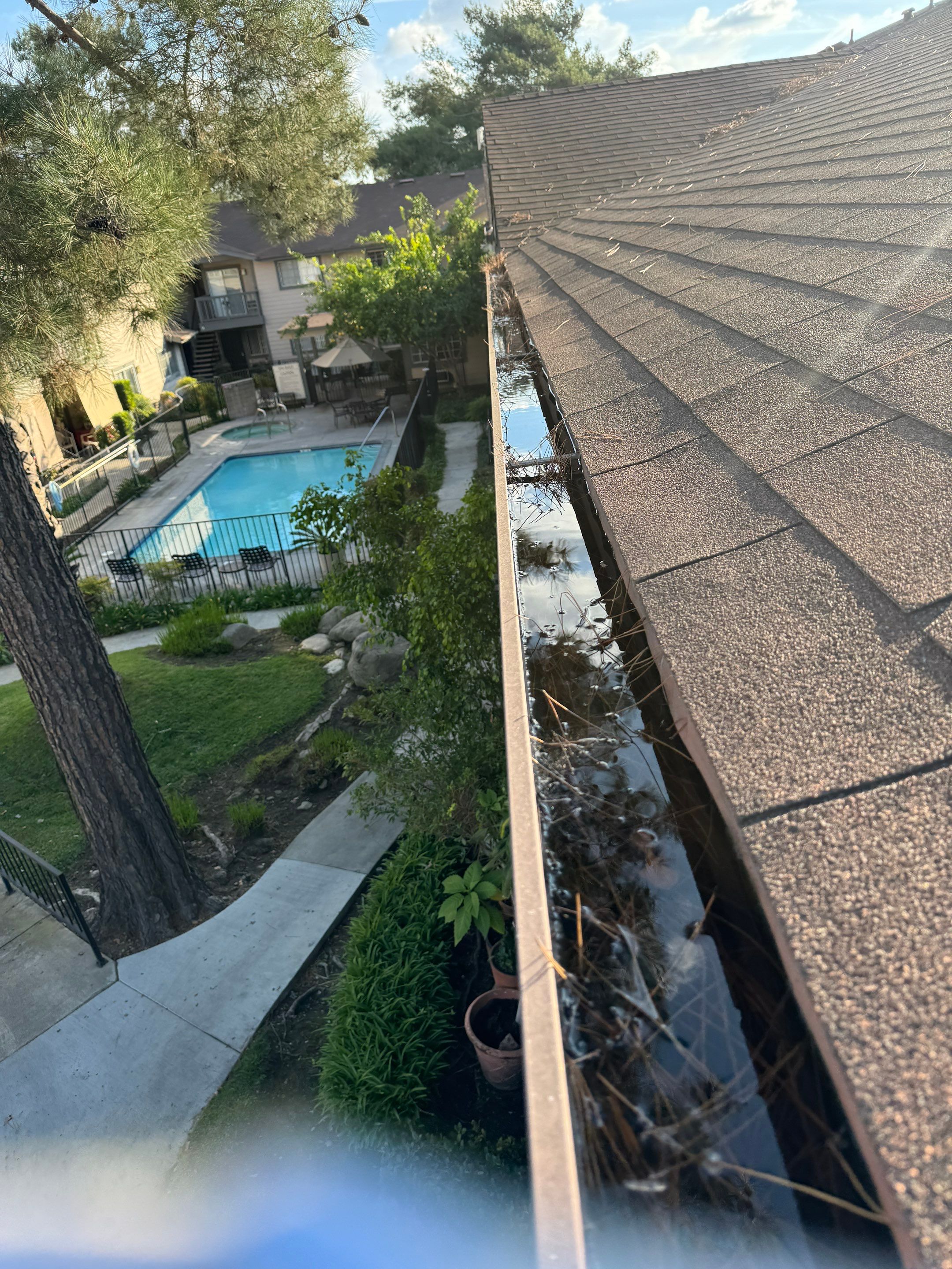 Commercial gutter cleaning Ontario & Rancho Cucamonga, CA before photo with filled gutters