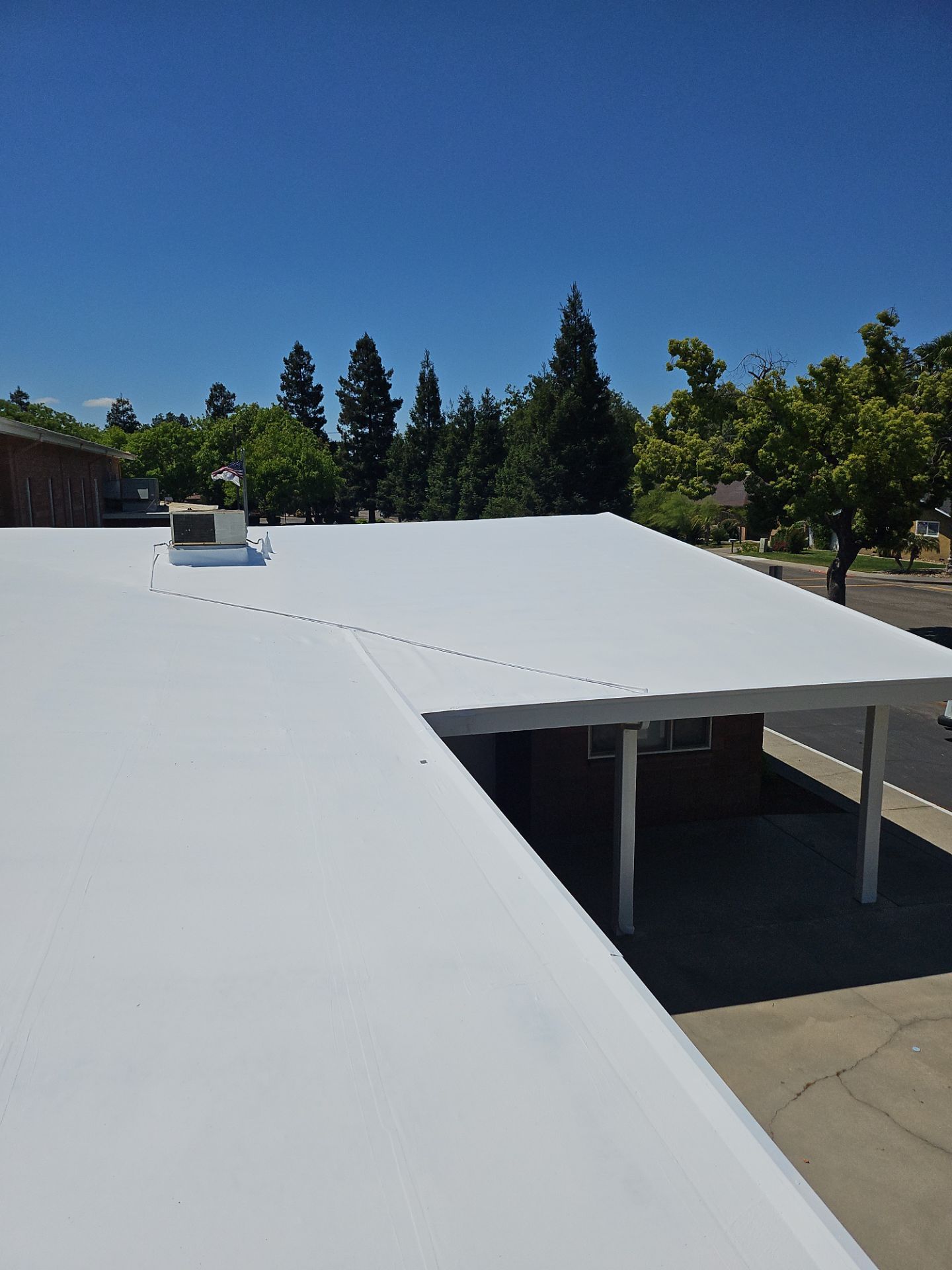 Single-ply restoration system using Benchmark/PUMA XL coatings over TPO single-ply roofing by Straight Edge Roofing Inc