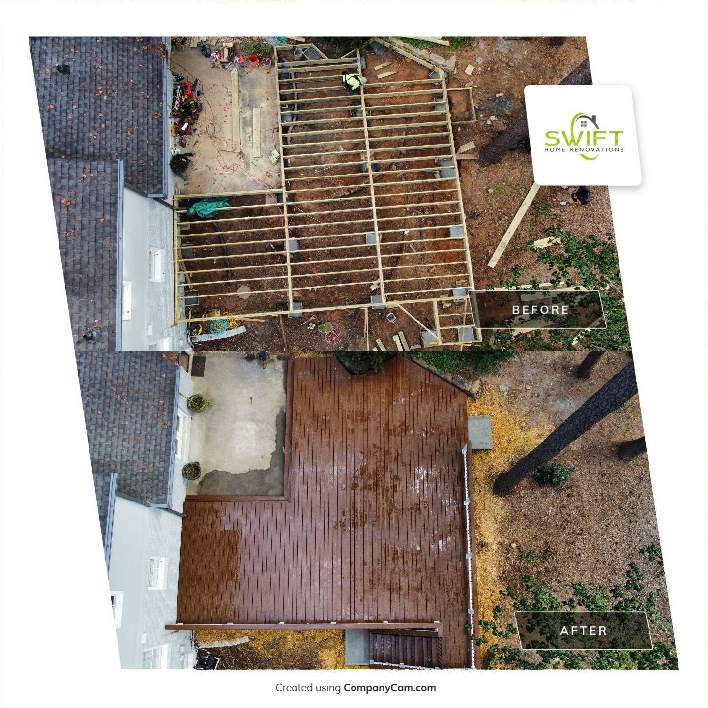 Custom Stained Wood Deck Installation with White Railings in Atlanta by Swift Home Renovations