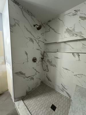 Tub to walk-in shower conversion, and tile flooring