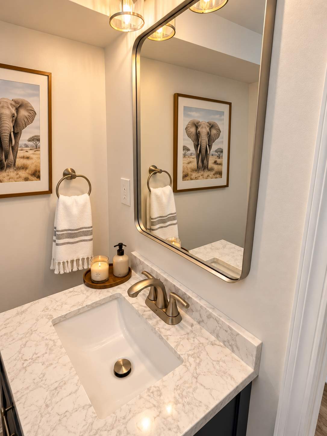 Modern Bathroom Remodel with Custom Corner Shower & Navy Vanity by Remodel Now