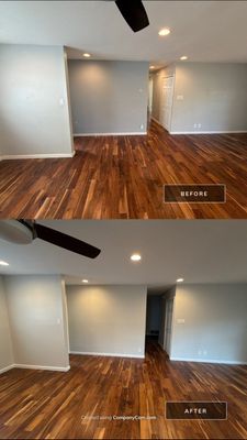 Before and after photo of a bedroom repainted by Hill Country Painting in Austin, TX