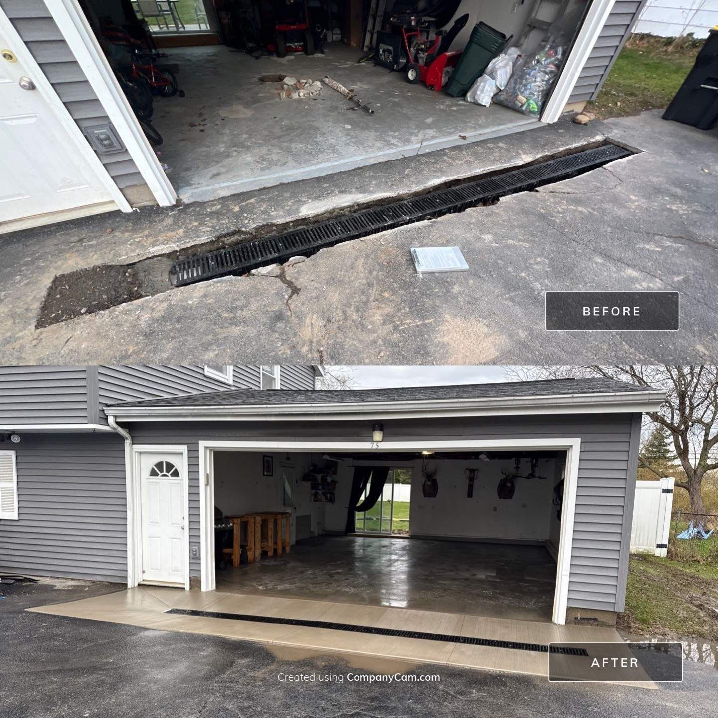 Concrete garage floor replacement with a broom finished apron and drain by NG Masonry & Construction LLC