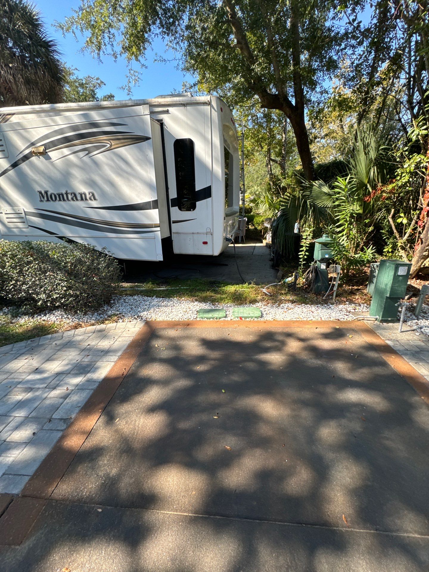 Custom Concrete RV Pad and Stone Paver Patio in Hilton Head Island by Lowcountry Scapes, LLC